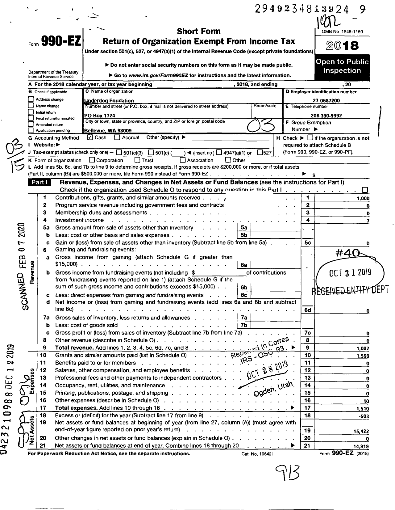 Image of first page of 2018 Form 990EZ for Underdog Foundation