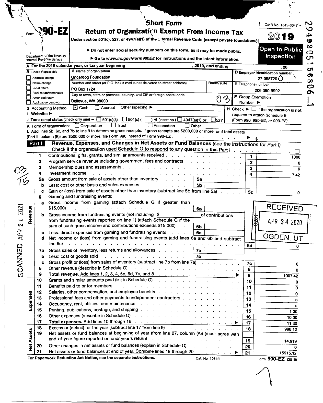 Image of first page of 2019 Form 990EZ for Underdog Foundation