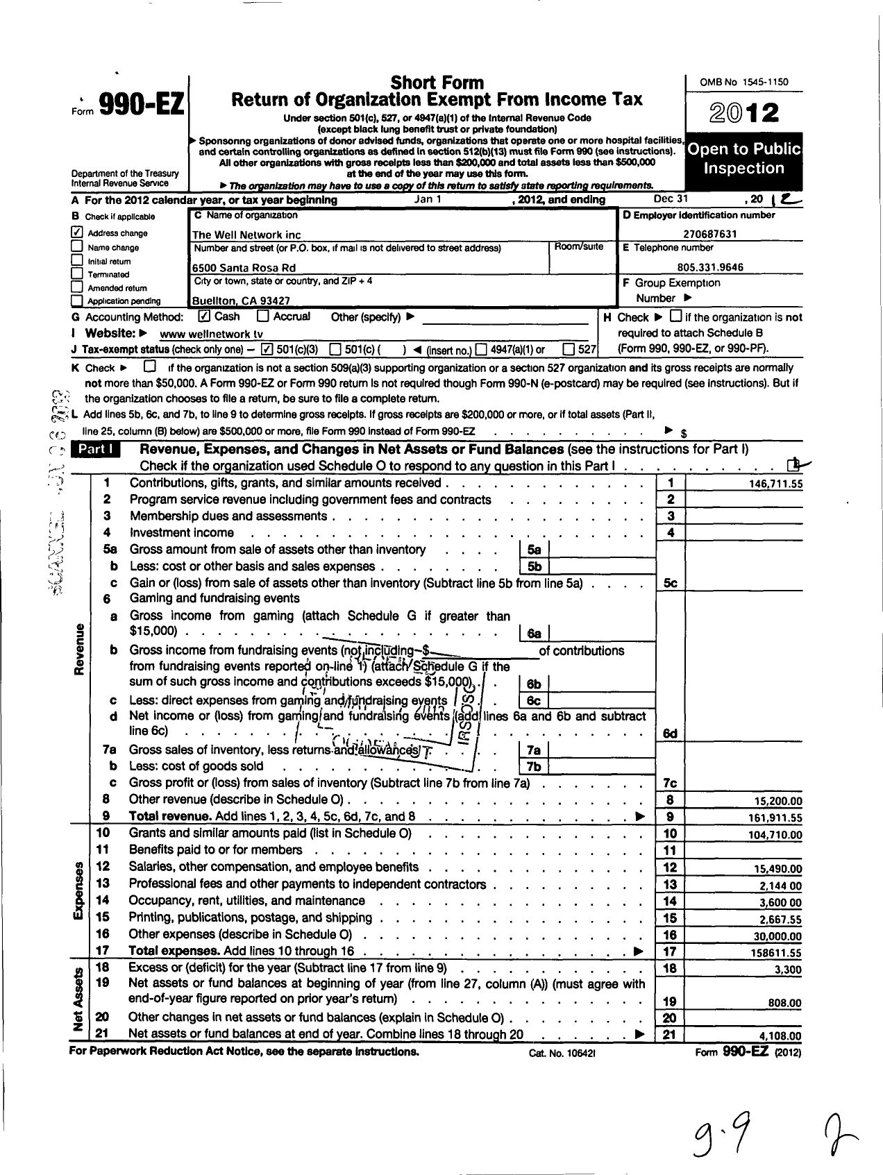 Image of first page of 2012 Form 990EZ for Well Network