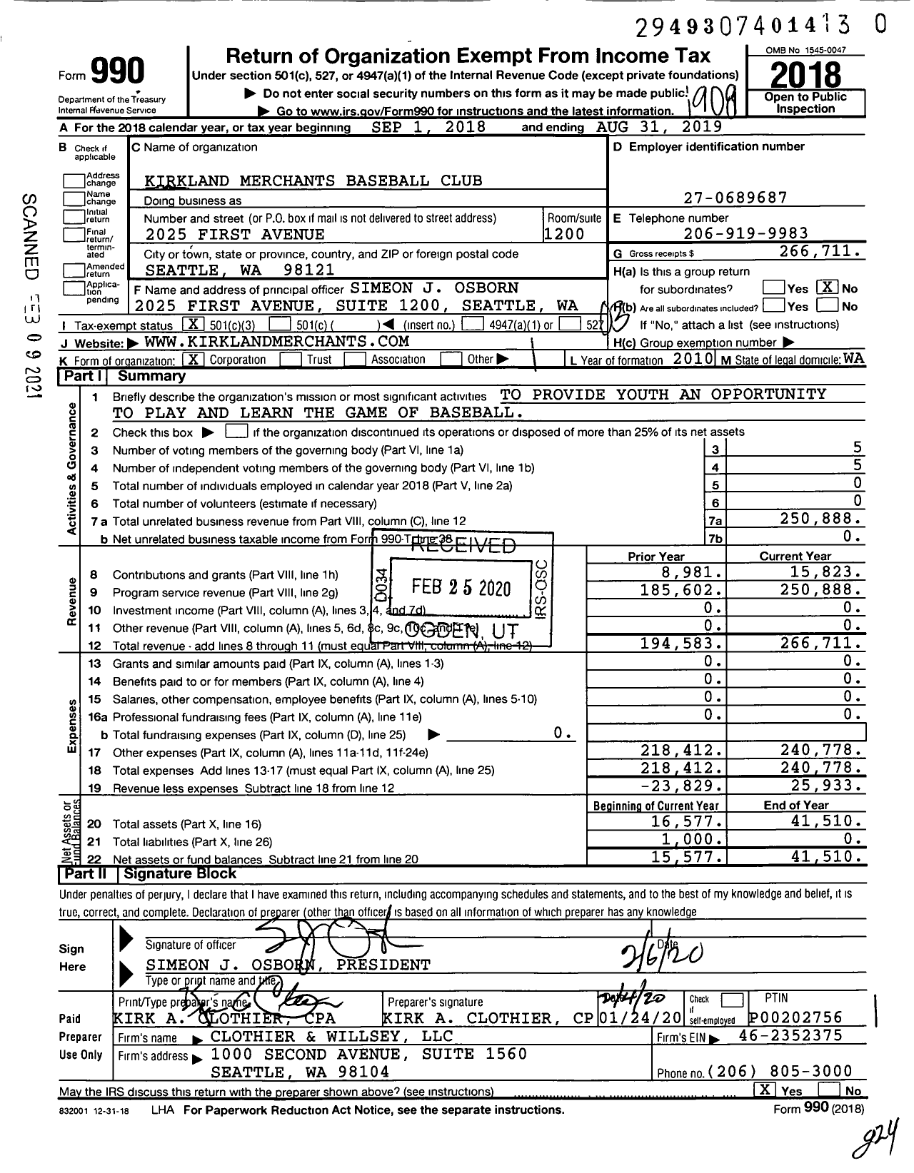 Image of first page of 2018 Form 990 for Kirkland Merchants Baseball Club