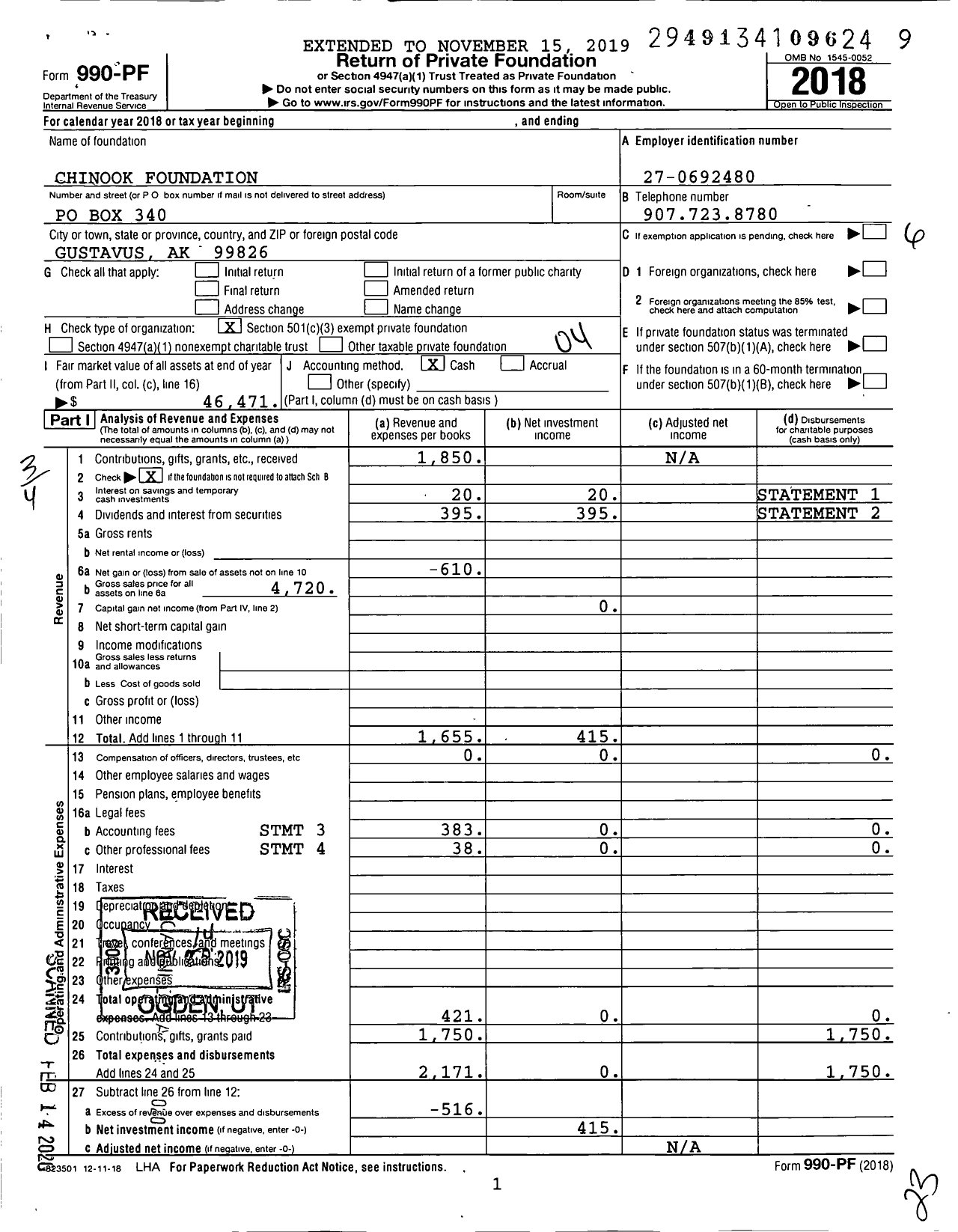 Image of first page of 2018 Form 990PF for Chinook Foundation