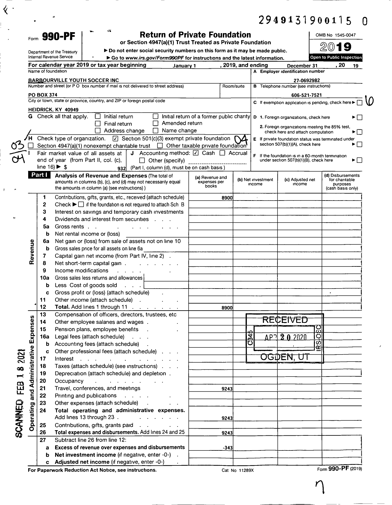 Image of first page of 2019 Form 990PF for Barbourville Youth Soccer