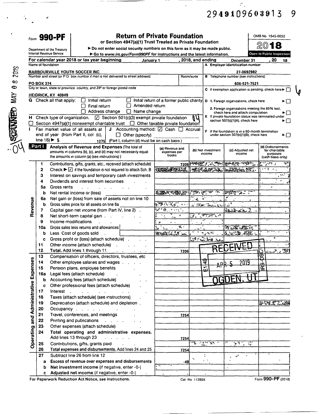 Image of first page of 2018 Form 990PF for Barbourville Youth Soccer