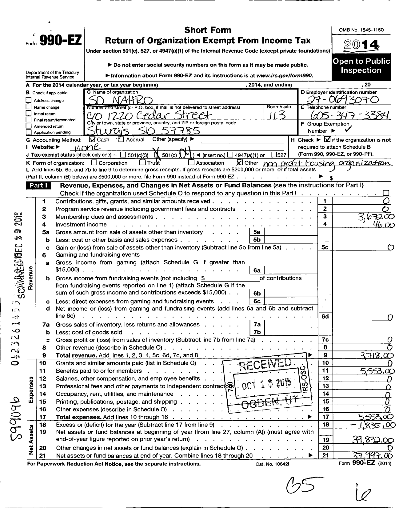 Image of first page of 2014 Form 990EO for National Association of Housing and Redevelopment Officals