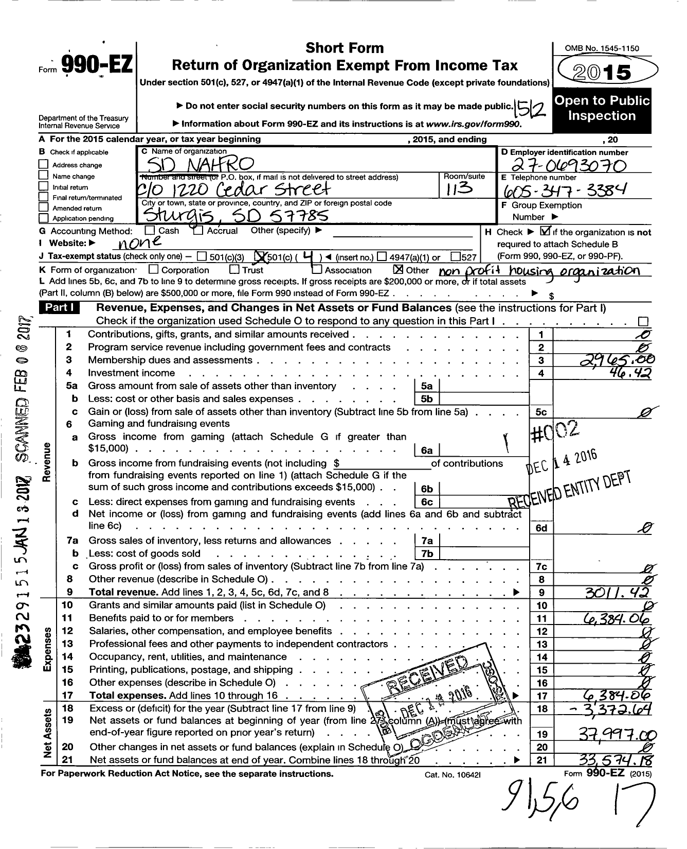 Image of first page of 2015 Form 990EO for National Association of Housing and Redevelopment Officals