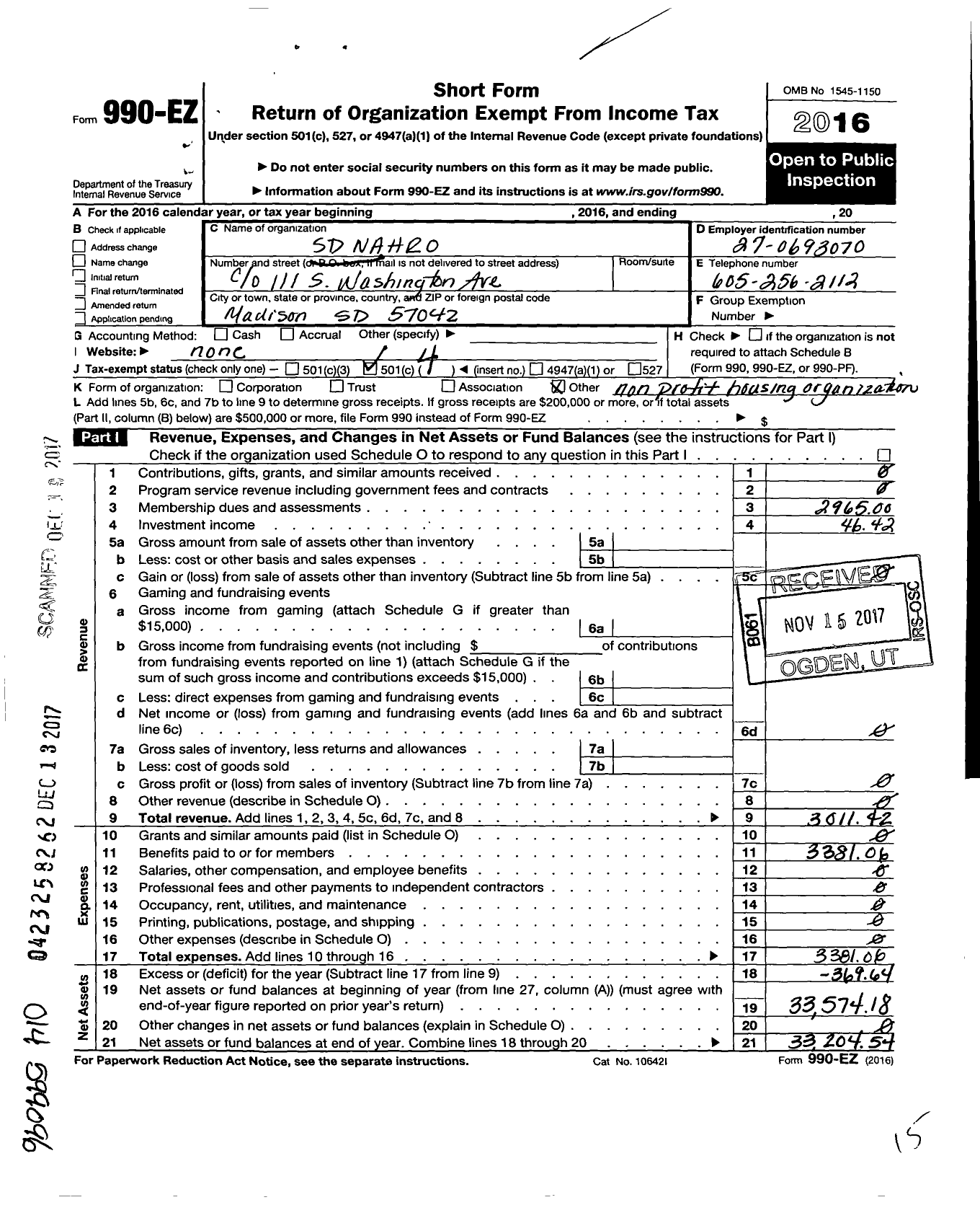 Image of first page of 2016 Form 990EO for National Association of Housing and Redevelopment Officals