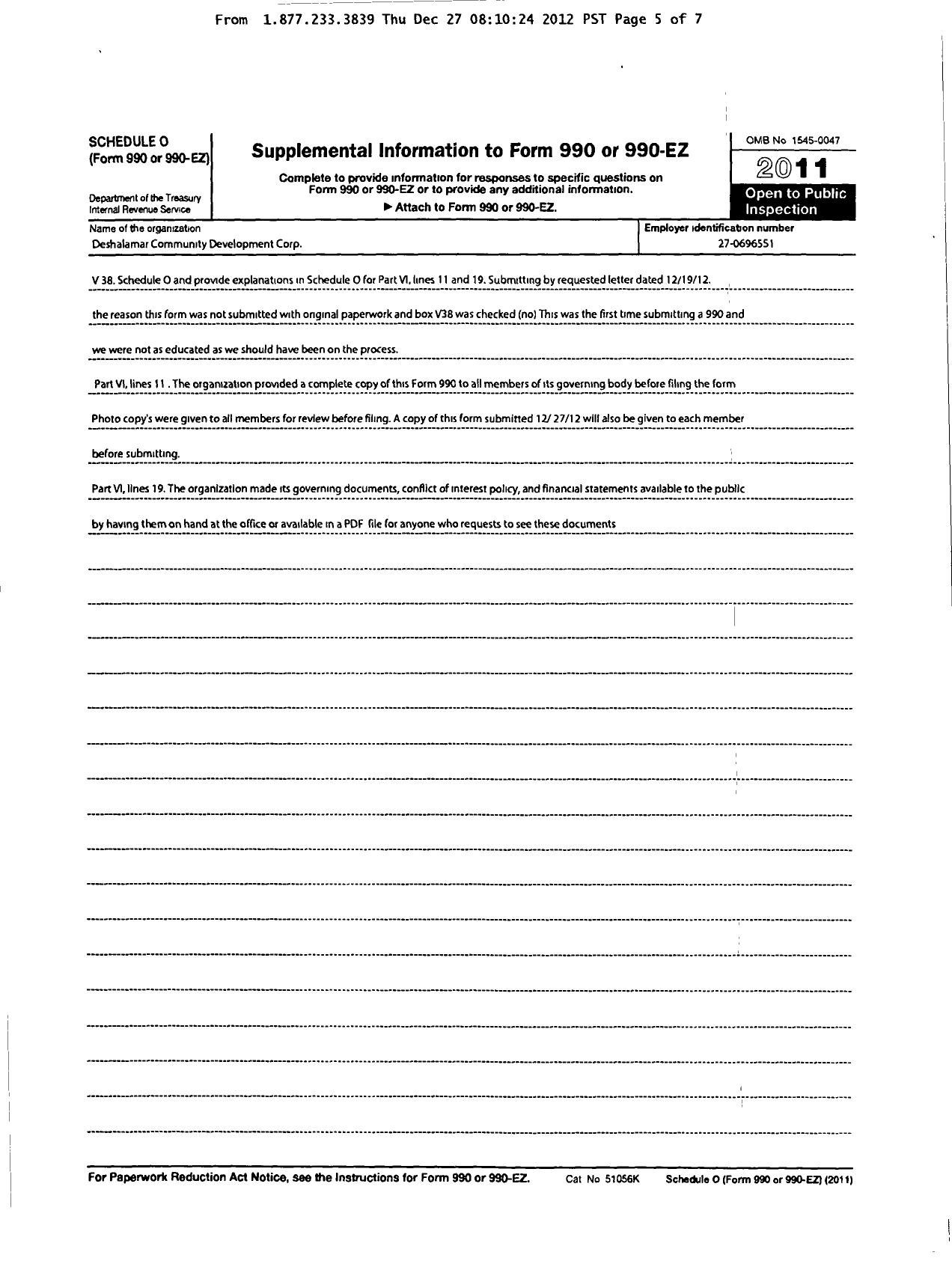 Image of first page of 2011 Form 990R for Deshalamar Community Development Corporation