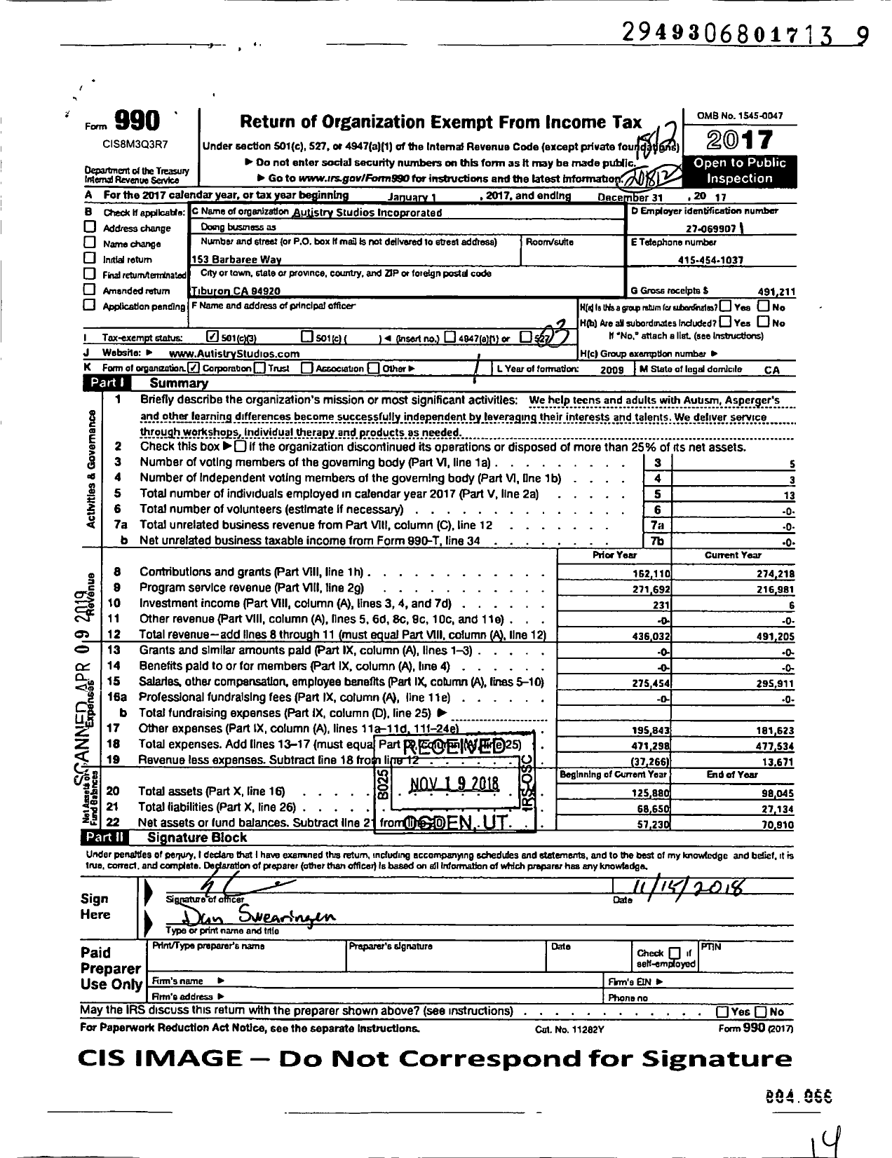 Image of first page of 2018 Form 990 for Autistry Studios Incorporated