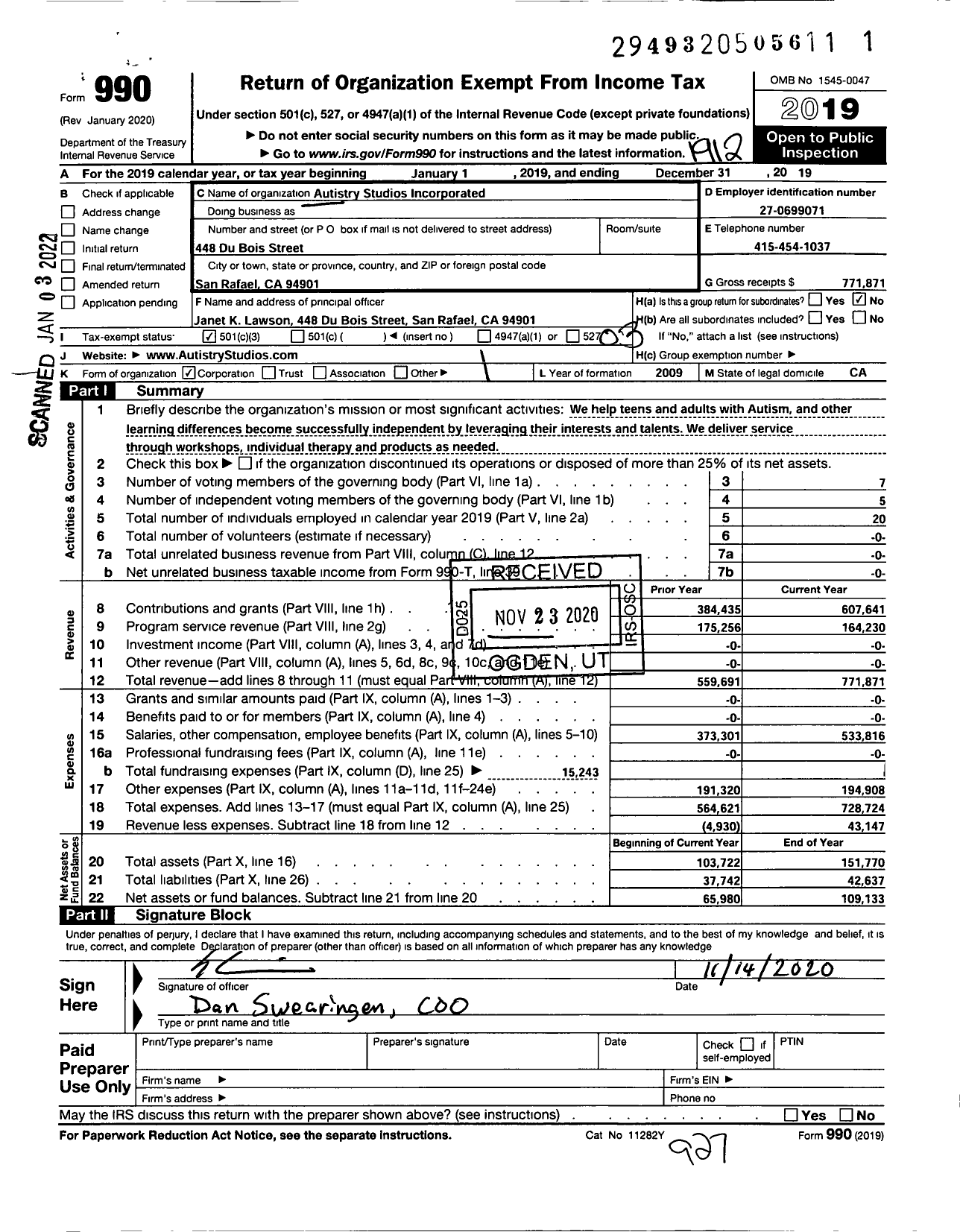 Image of first page of 2019 Form 990 for Autistry Studios Incorporated