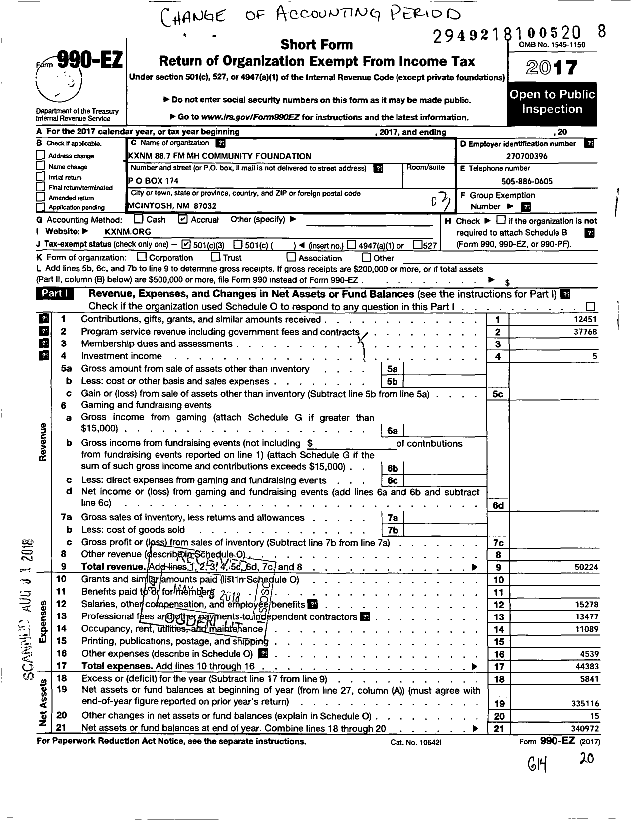 Image of first page of 2017 Form 990EZ for KXNM FM 88 7 MH Community Foundation