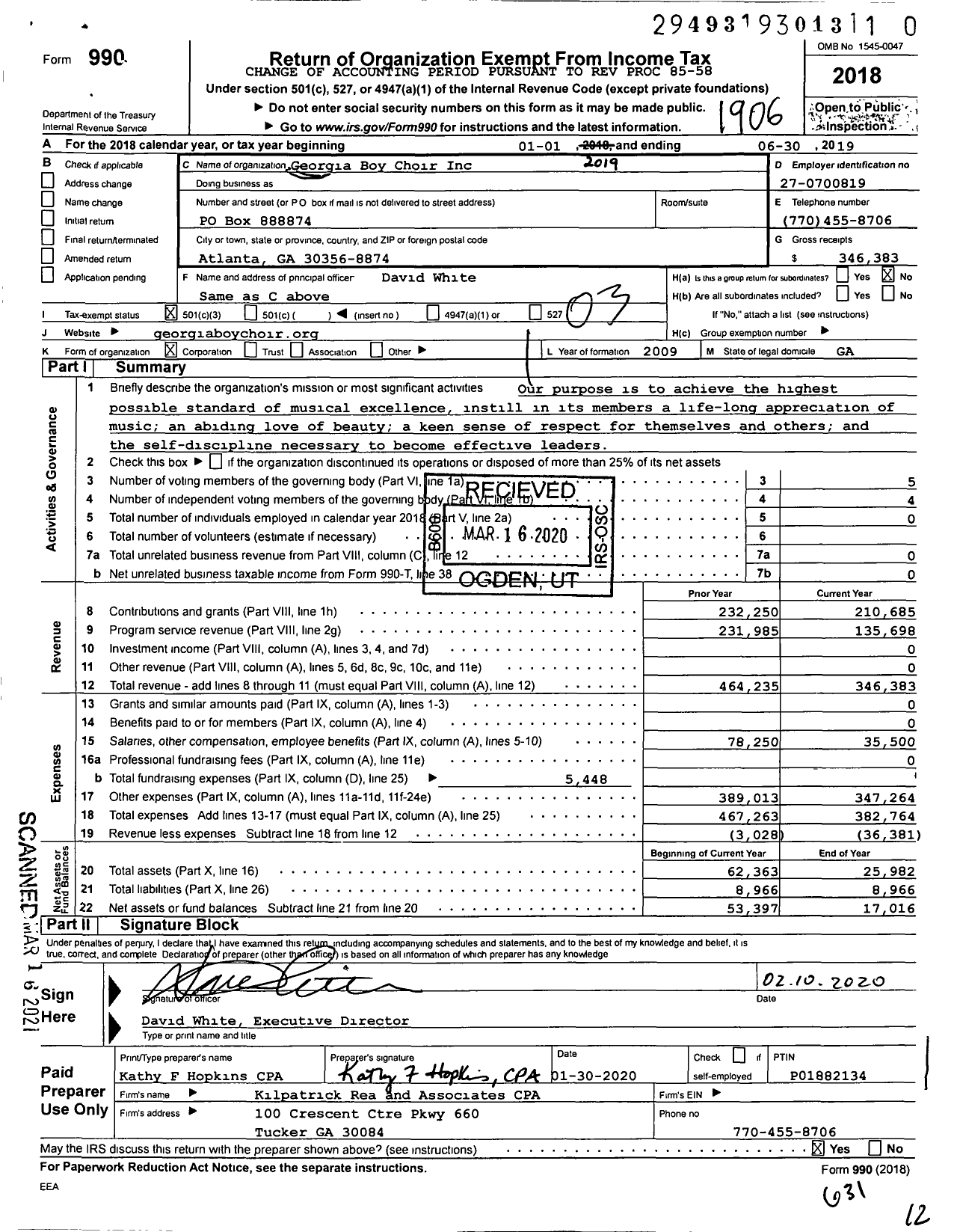 Image of first page of 2018 Form 990 for Georgia Boy Choir