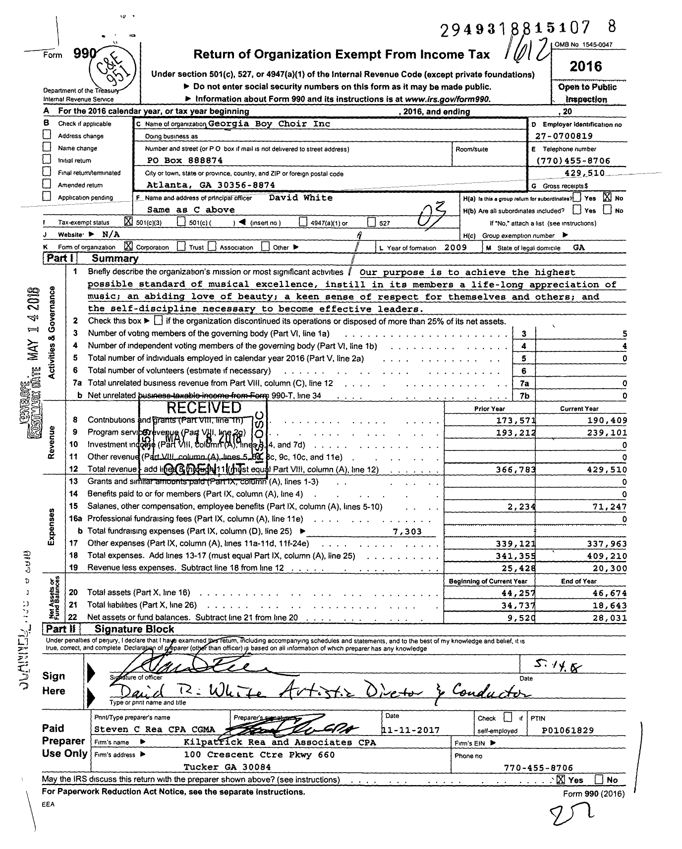 Image of first page of 2016 Form 990 for Georgia Boy Choir