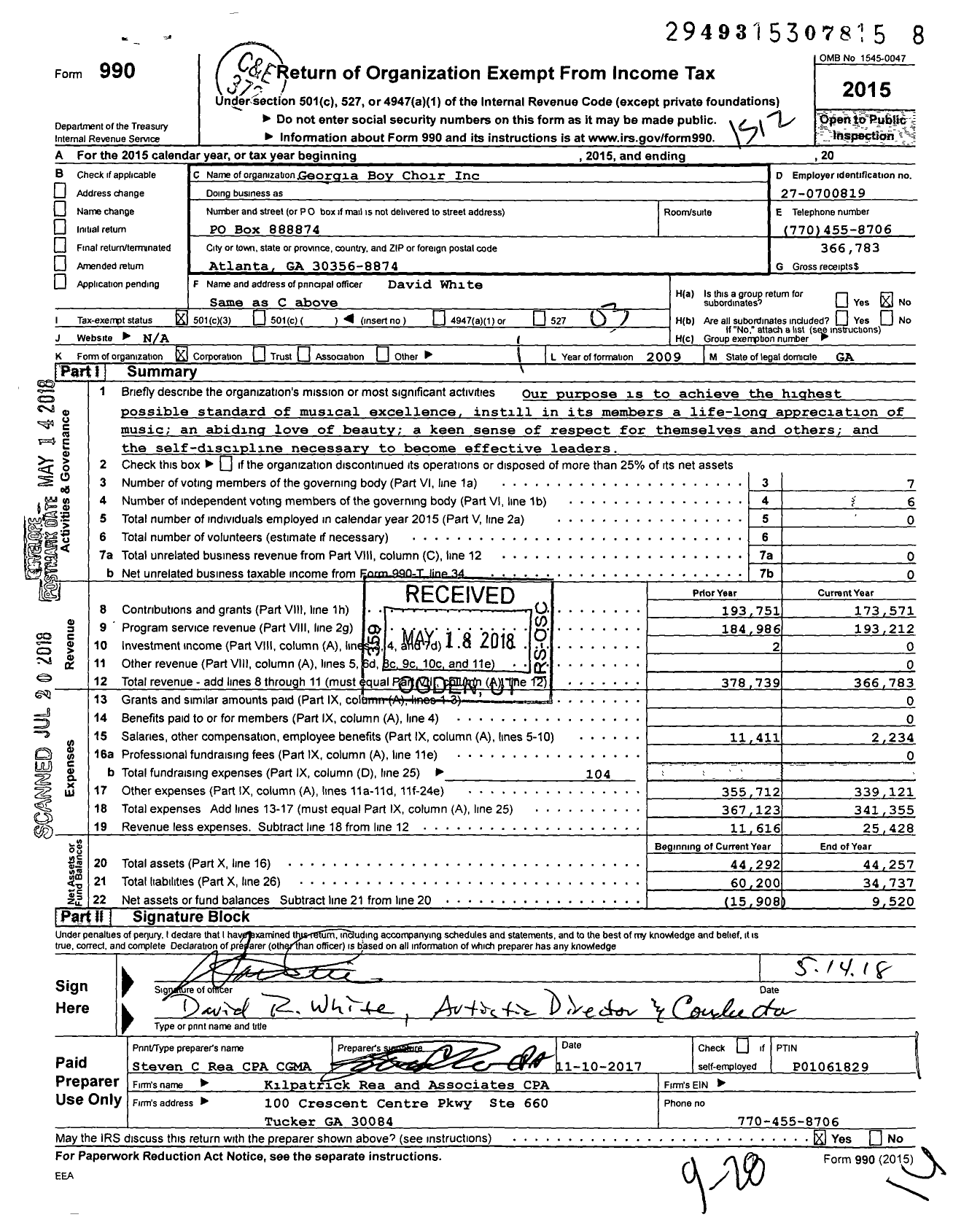 Image of first page of 2015 Form 990 for Georgia Boy Choir