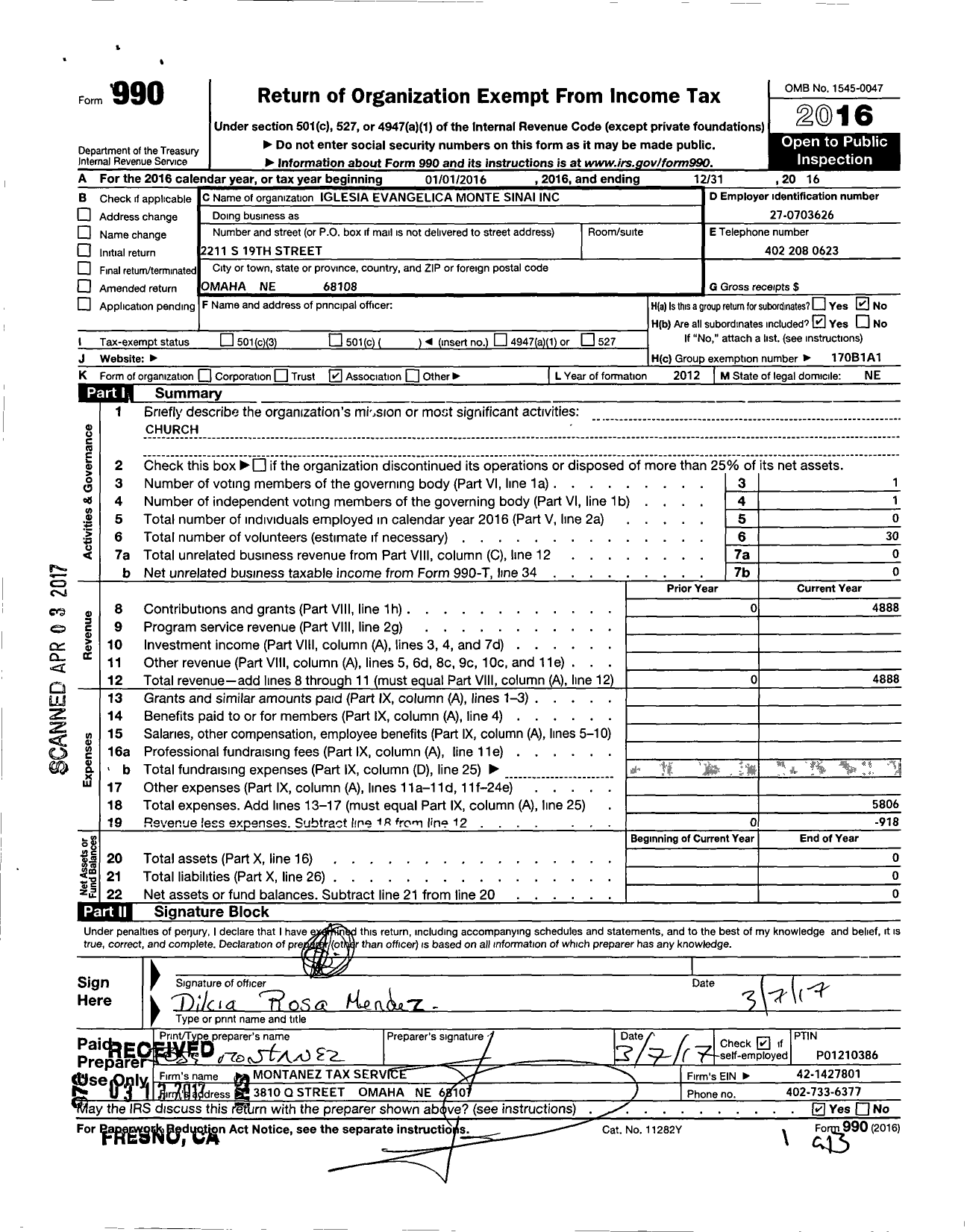 Image of first page of 2016 Form 990O for Iglesia Evangelica Monte Sinai