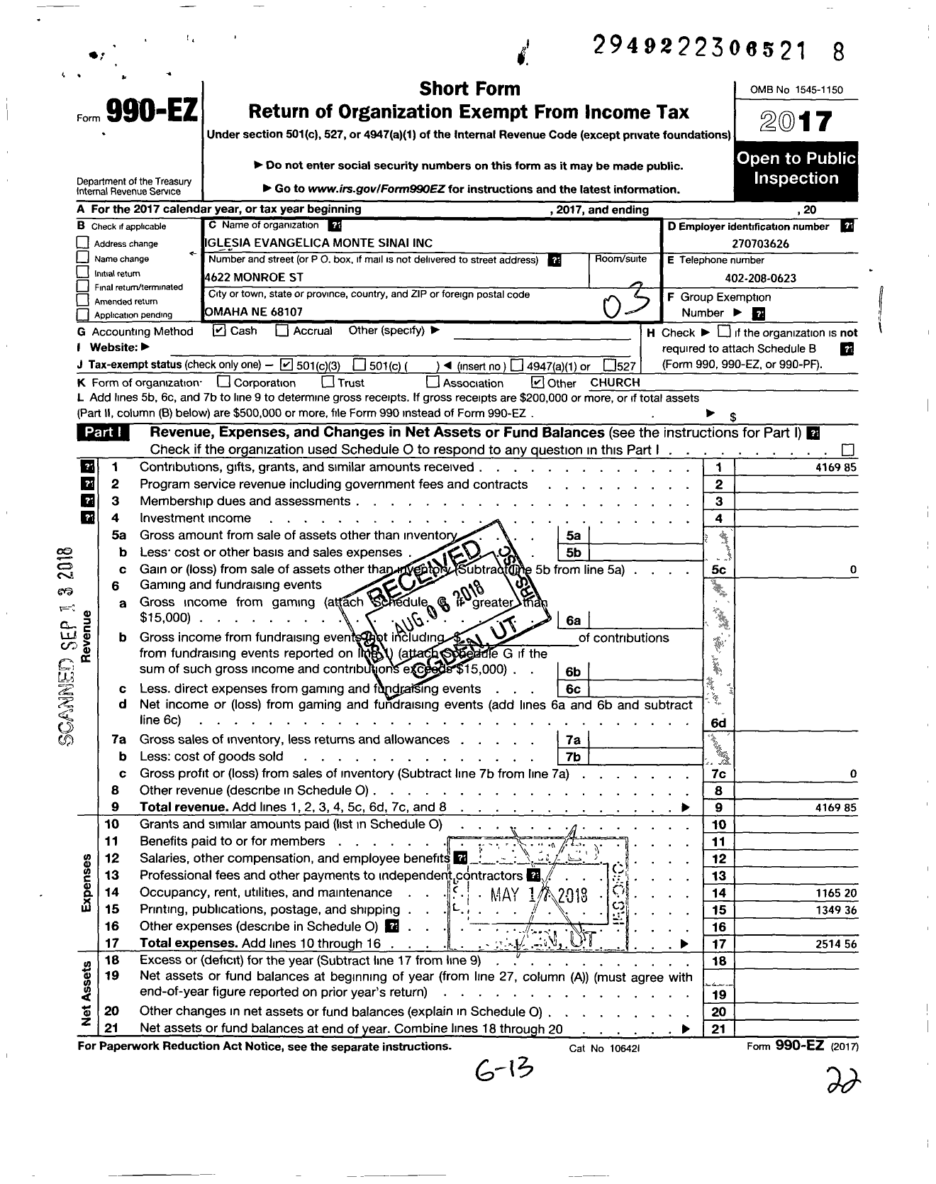 Image of first page of 2017 Form 990EZ for Iglesia Evangelica Monte Sinai