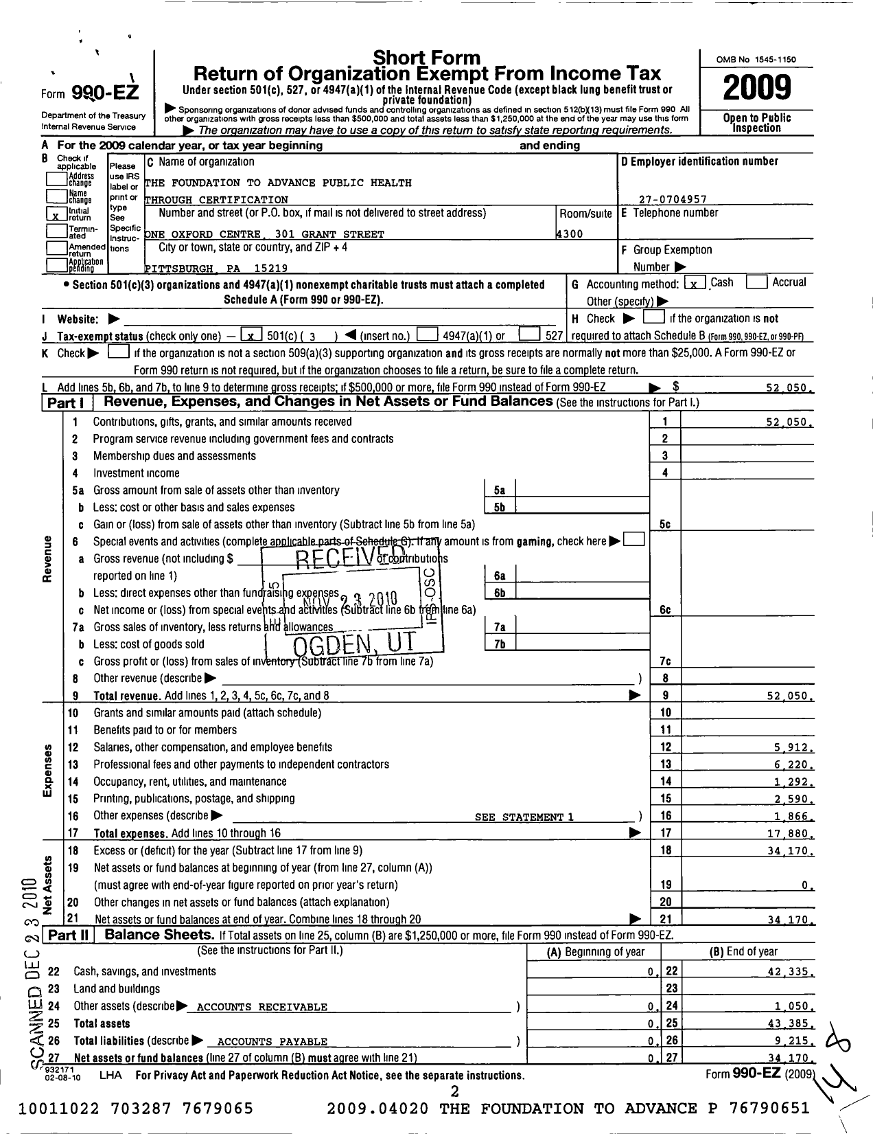 Image of first page of 2009 Form 990EZ for Foundation To Advance Public Health Through Certification