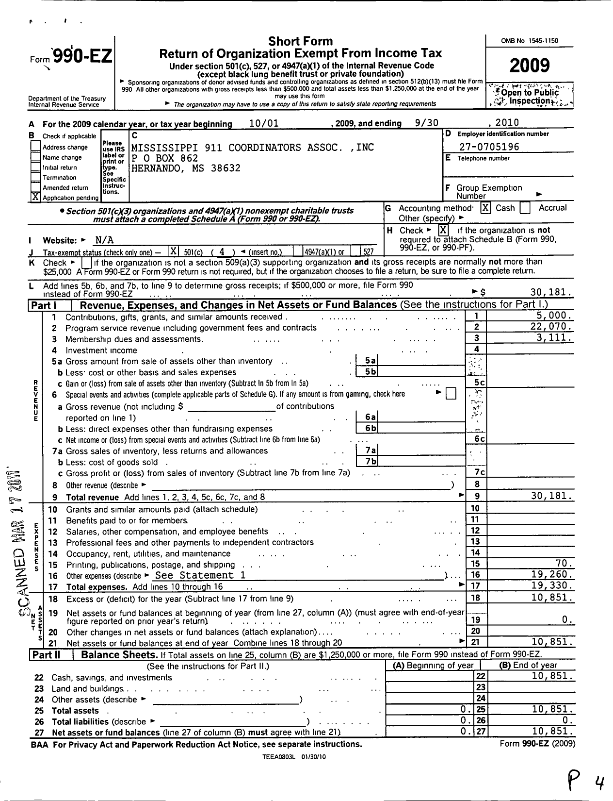 Image of first page of 2009 Form 990EO for Mississippi 911 Coordinators Association