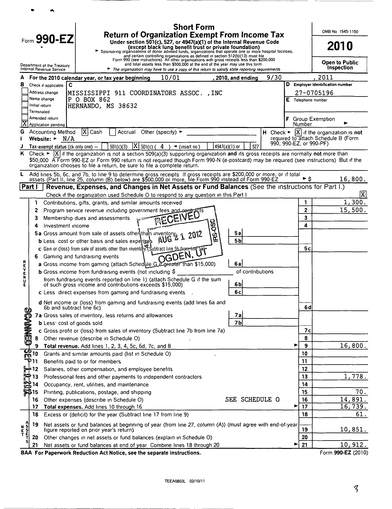 Image of first page of 2010 Form 990EO for Mississippi 911 Coordinators Association