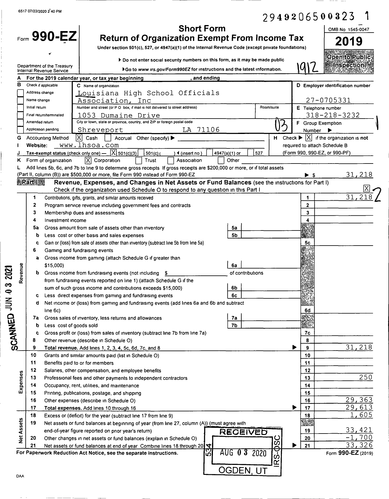 Image of first page of 2019 Form 990EZ for Louisiana High School Officials Association (LHSOA)