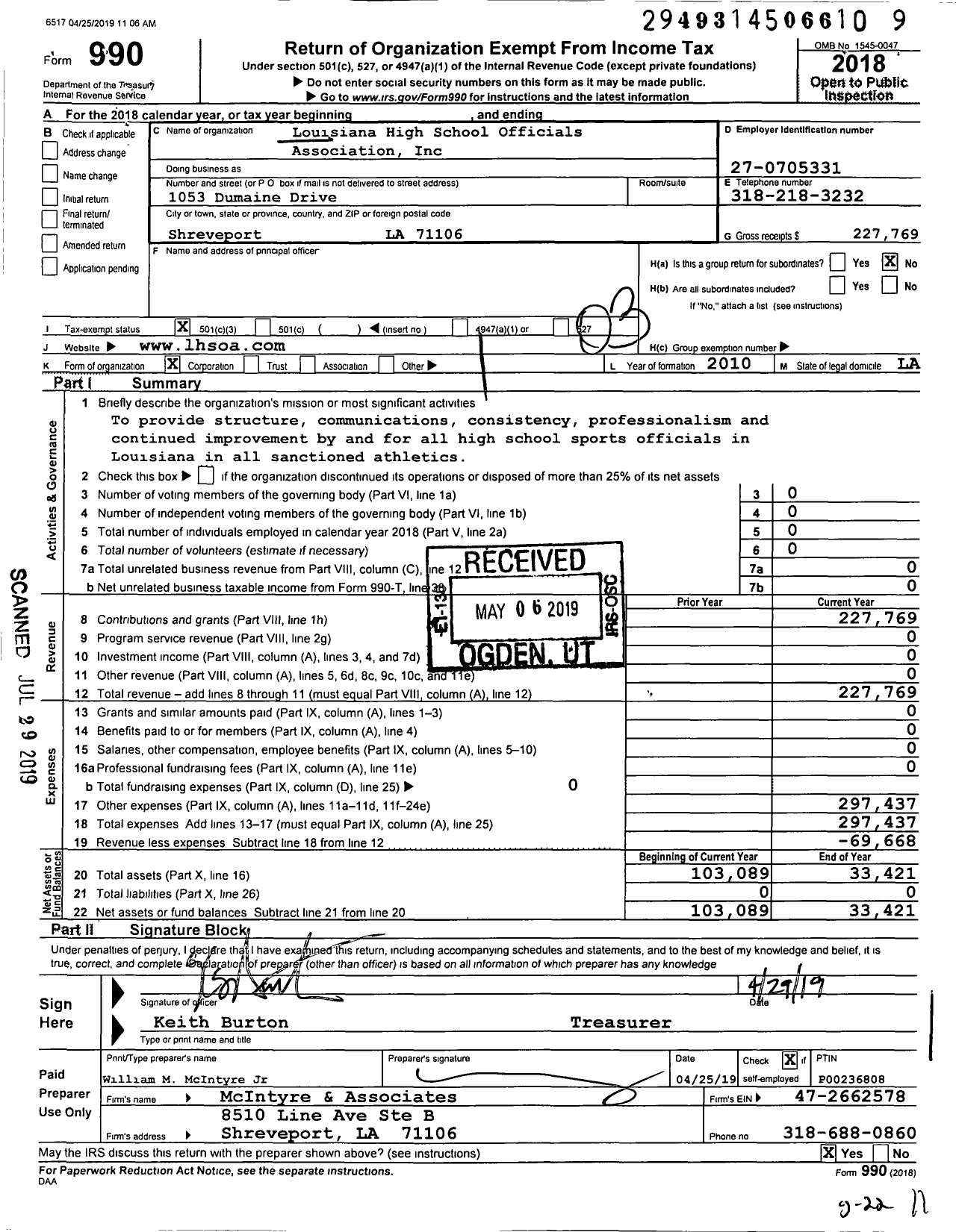 Image of first page of 2018 Form 990 for Louisiana High School Officials Association (LHSOA)