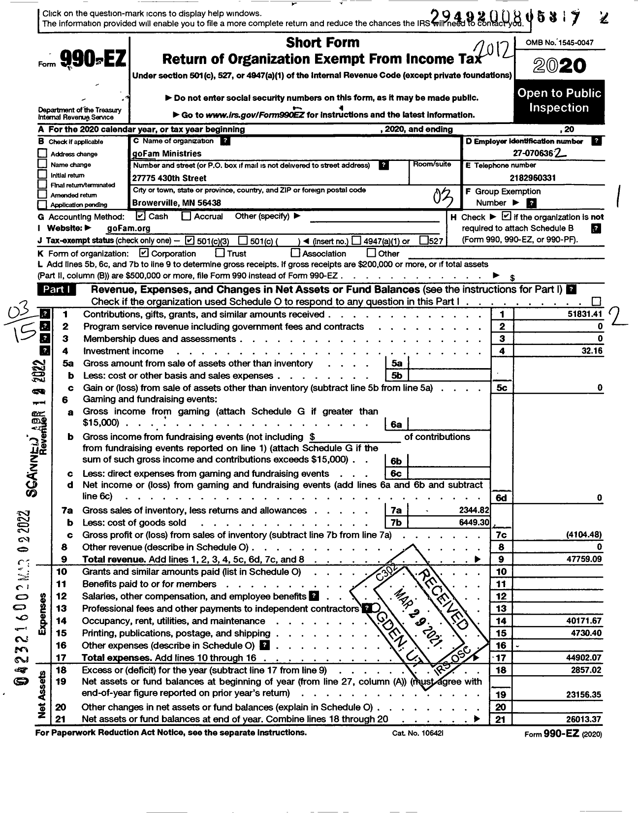 Image of first page of 2020 Form 990EZ for Gofam Ministries