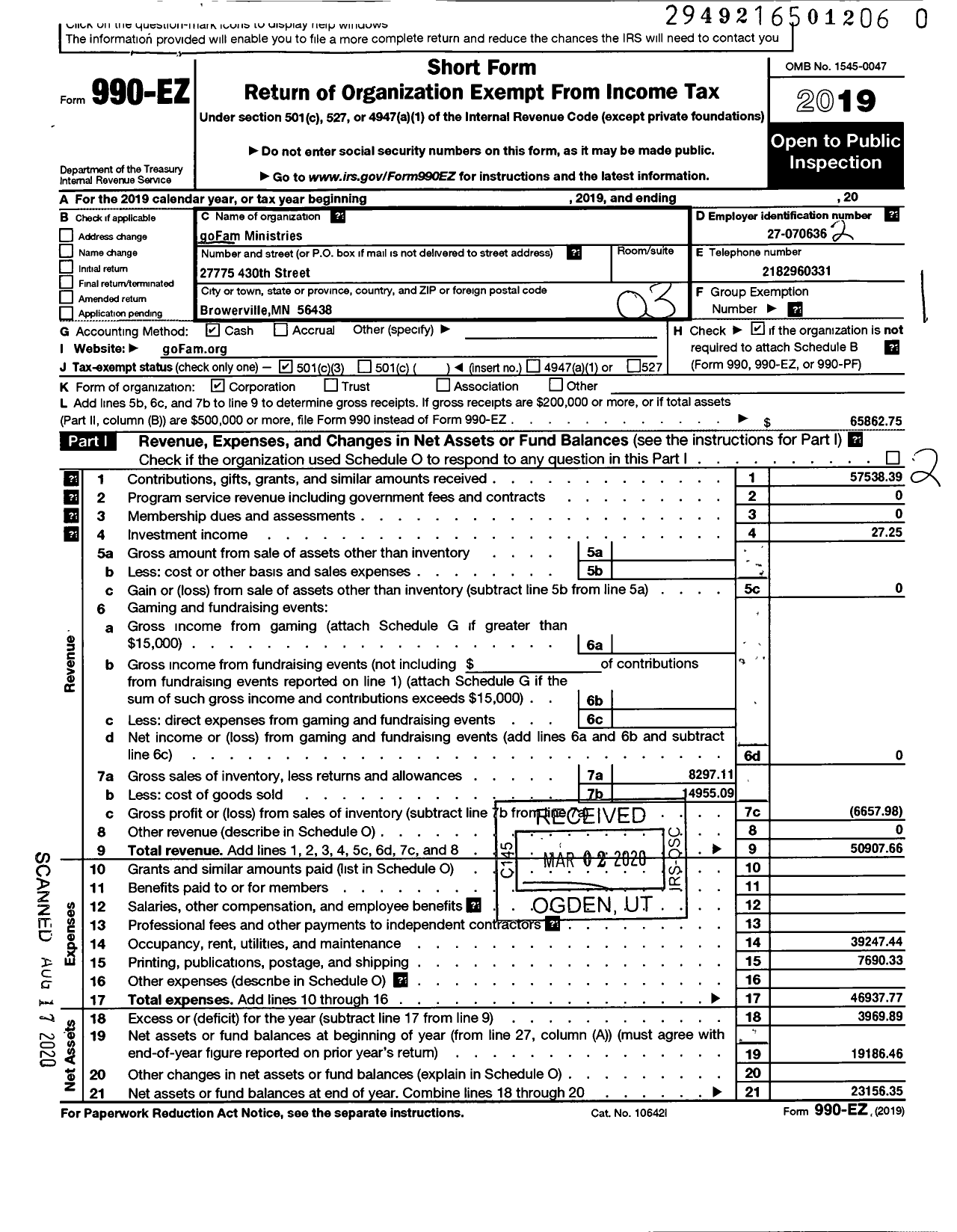 Image of first page of 2019 Form 990EZ for Gofam Ministries