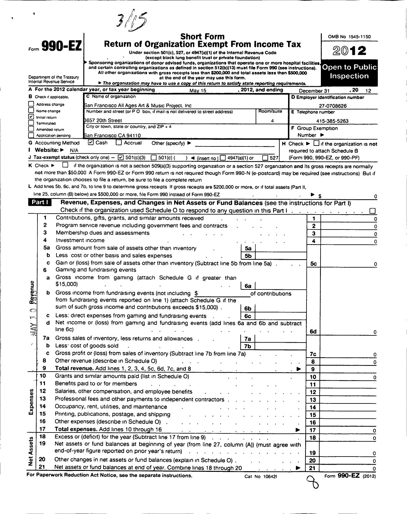 Image of first page of 2012 Form 990EZ for San Francisco All Ages Art and Music Project