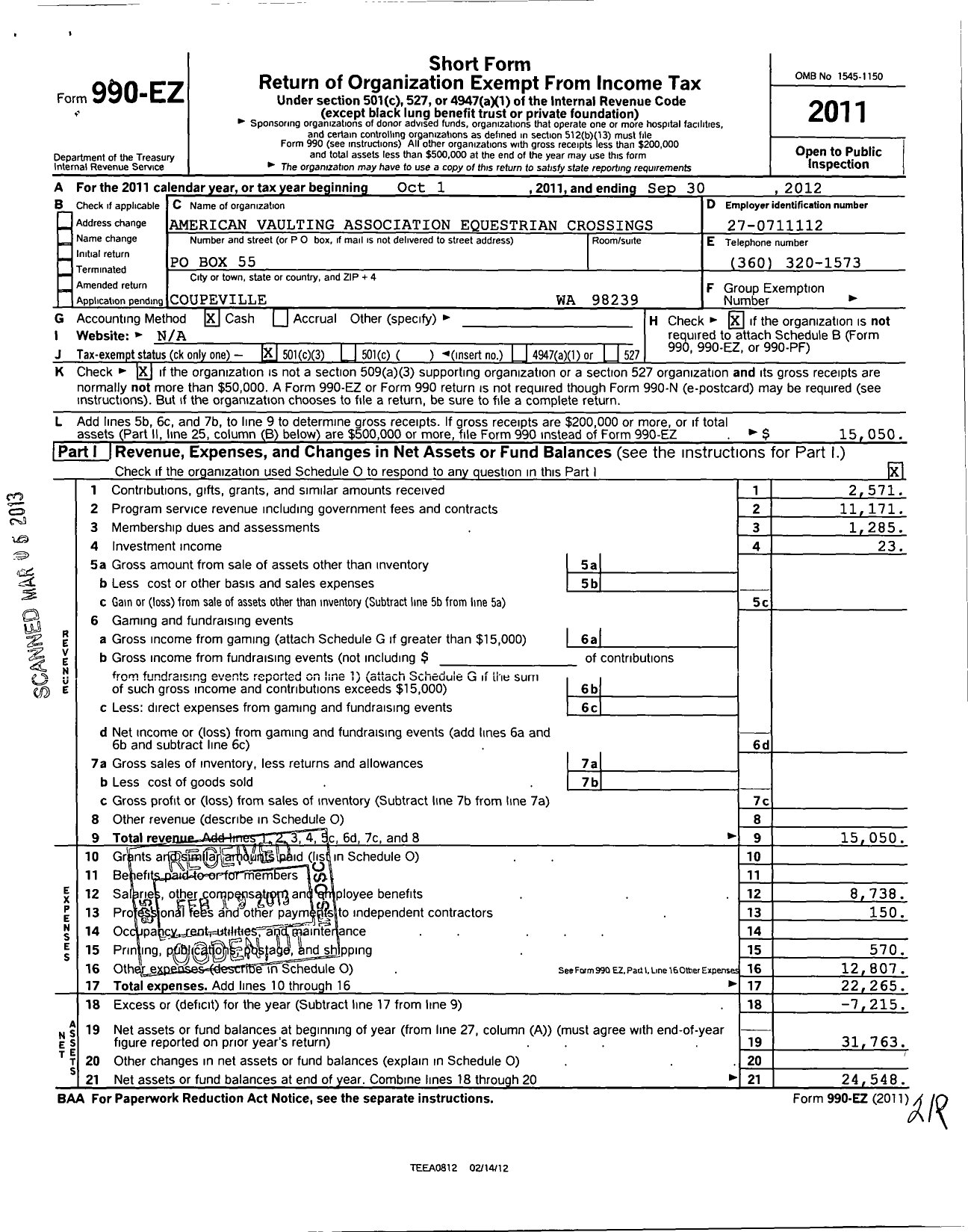 Image of first page of 2011 Form 990EZ for Equestrian Crossings