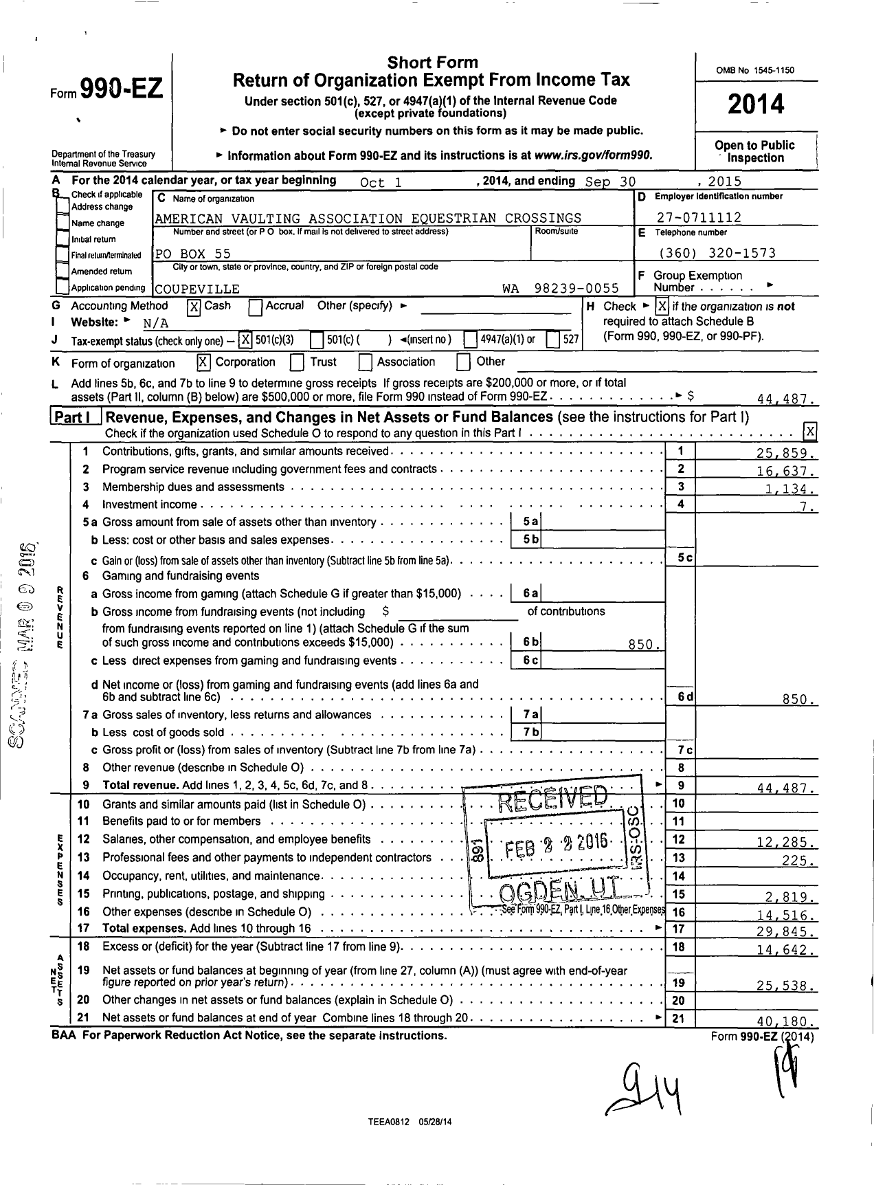 Image of first page of 2014 Form 990EZ for Equestrian Crossings