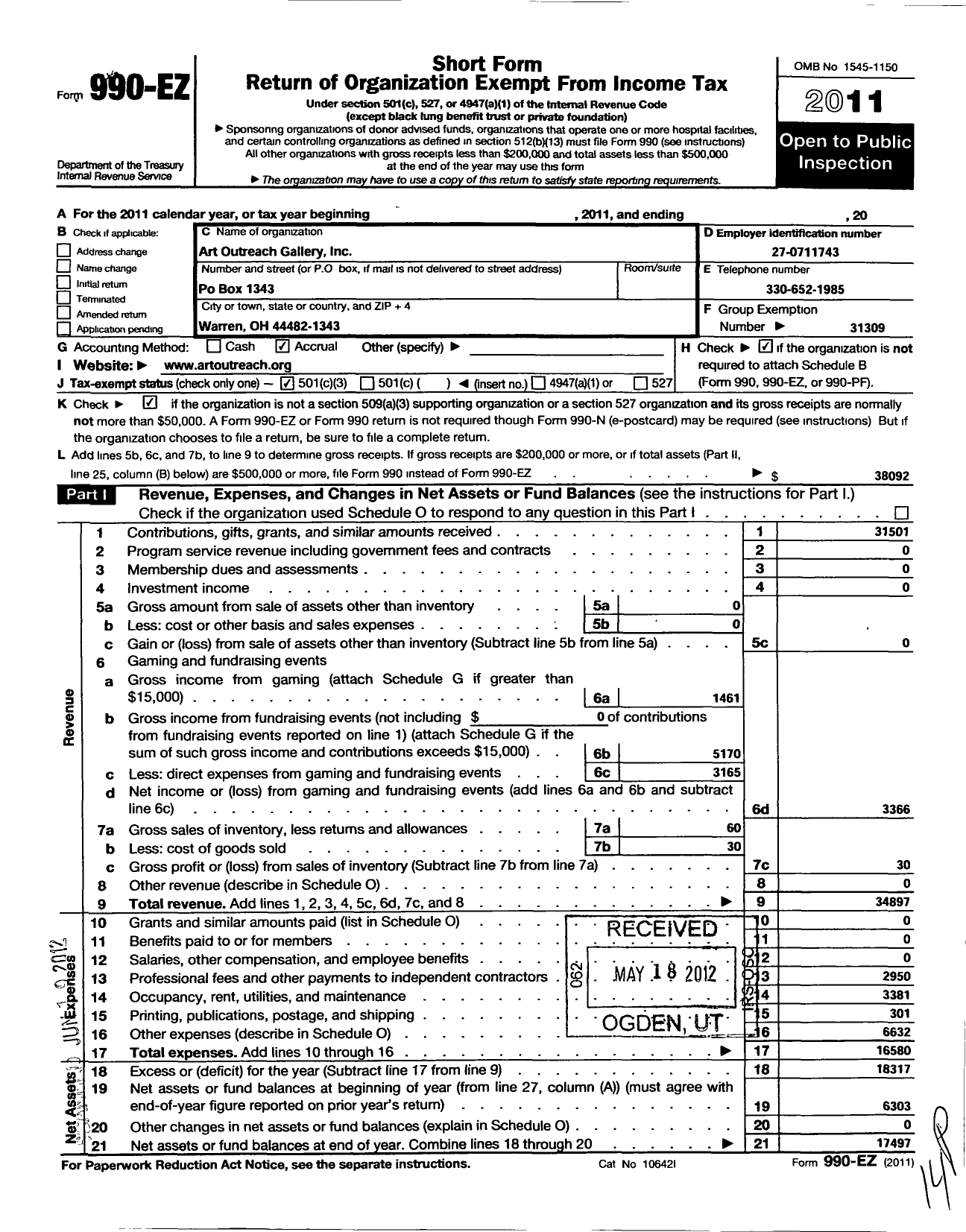 Image of first page of 2011 Form 990EZ for Art Outreach Gallery