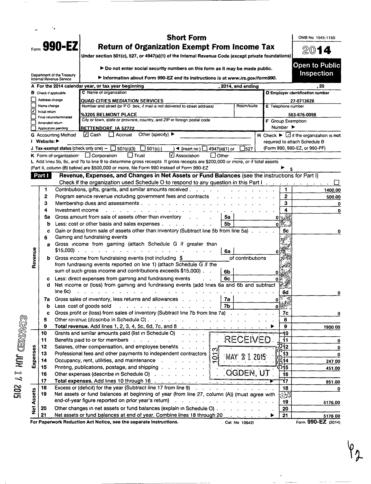 Image of first page of 2014 Form 990EO for Quad Cities Mediation Services