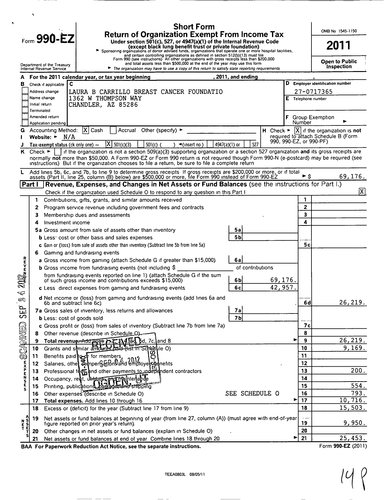 Image of first page of 2011 Form 990EZ for Laura B Carrillo Breast Cancer Foundation