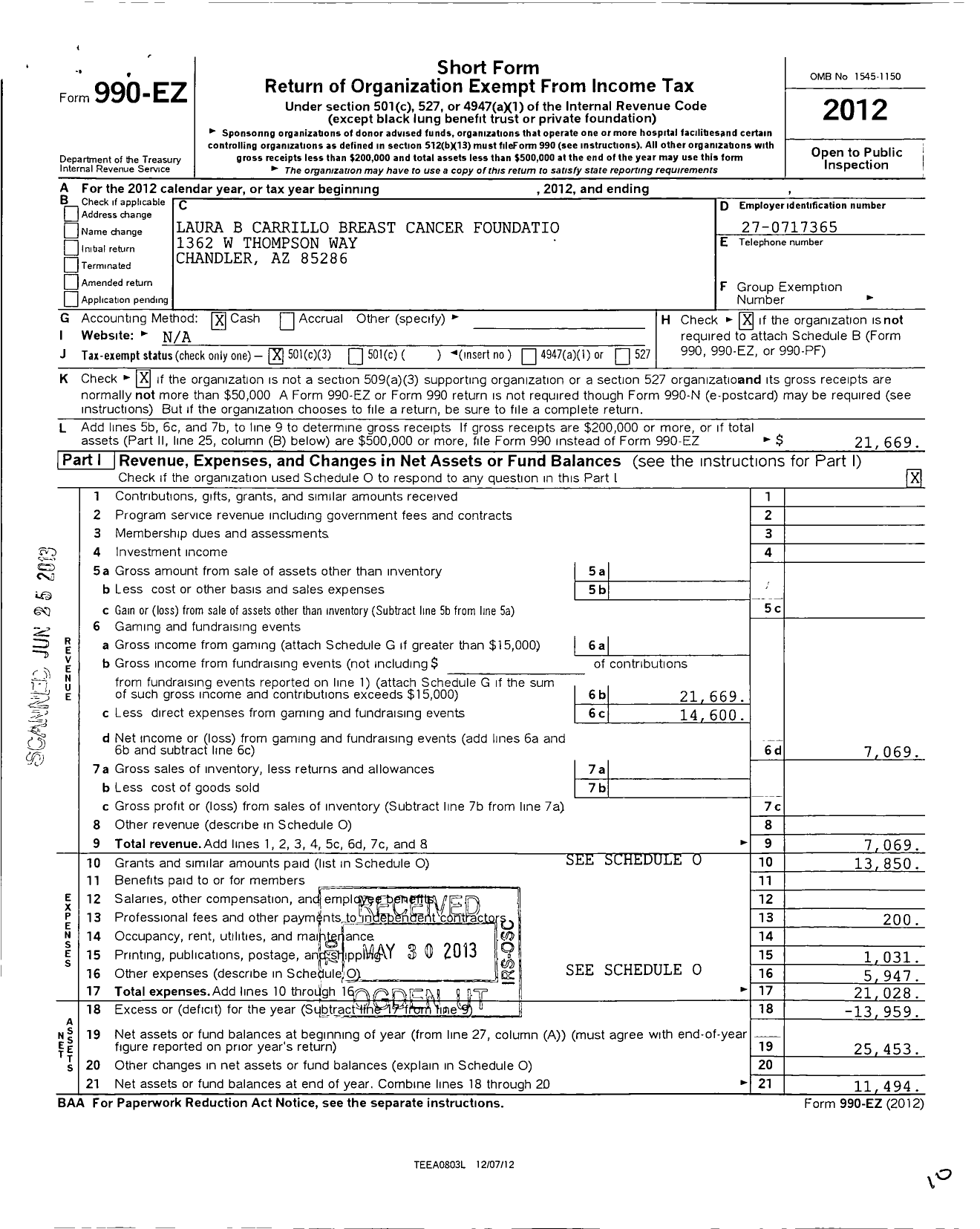 Image of first page of 2012 Form 990EZ for Laura B Carrillo Breast Cancer Foundation