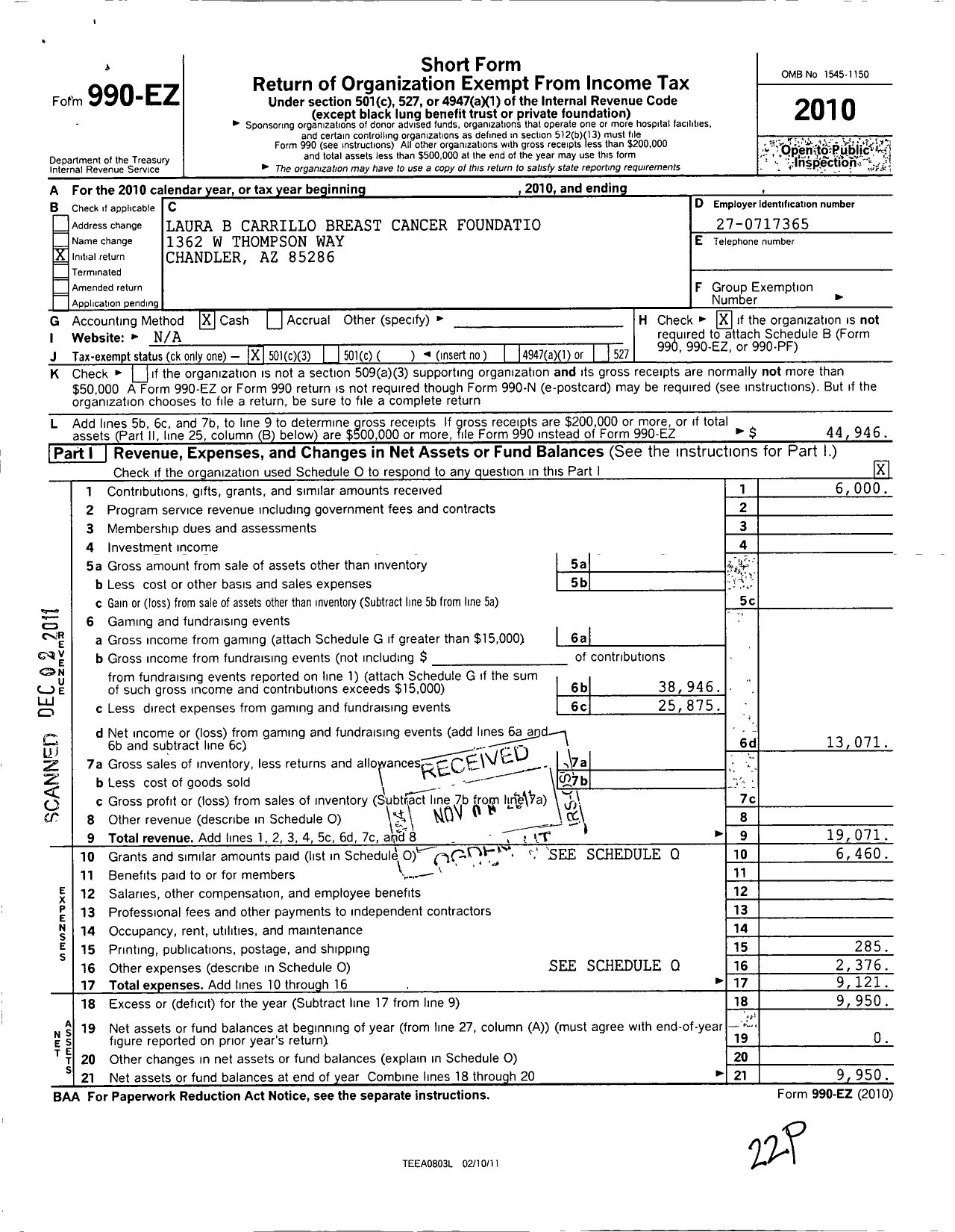 Image of first page of 2010 Form 990EZ for Laura B Carrillo Breast Cancer Foundation