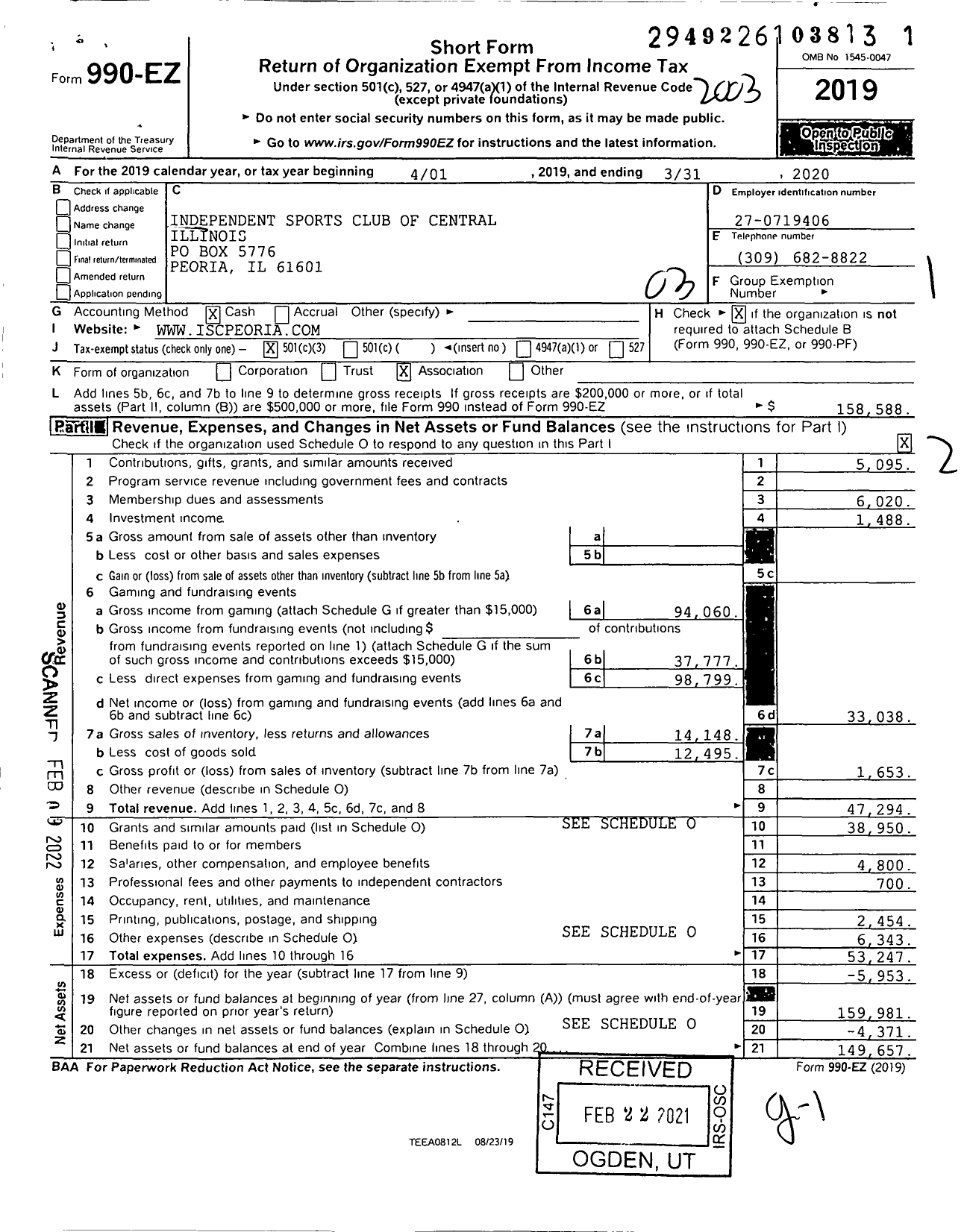 Image of first page of 2019 Form 990EZ for Independent Sports Club of Central Illinois