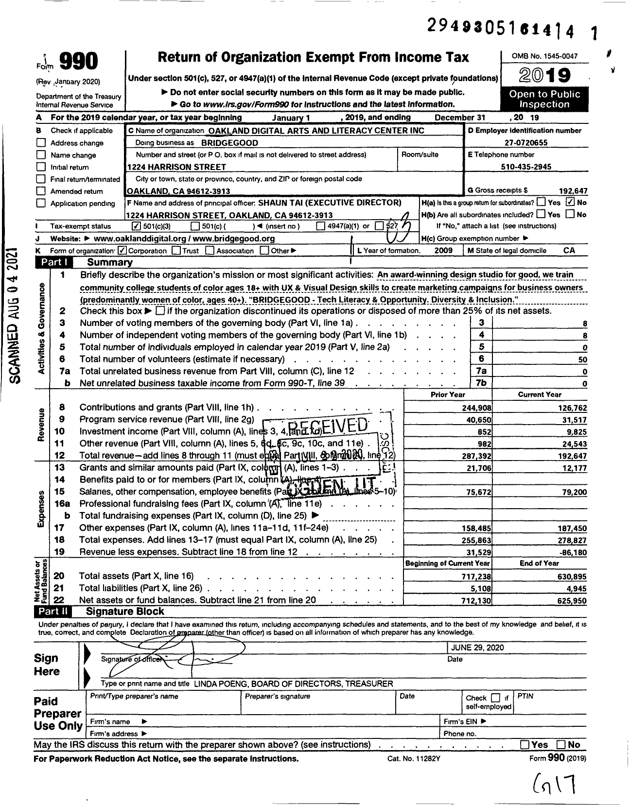 Image of first page of 2019 Form 990 for Bridgegood