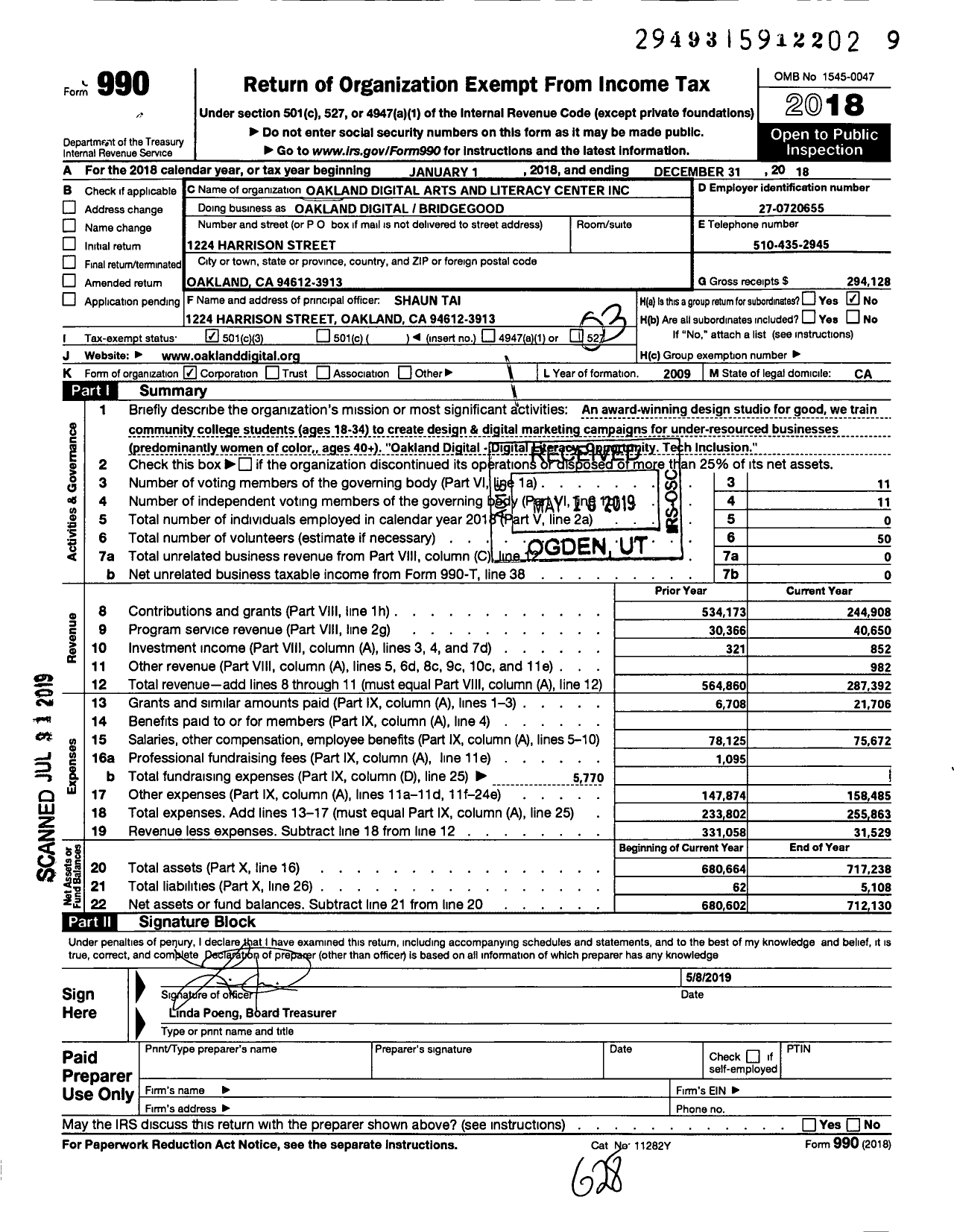 Image of first page of 2018 Form 990 for Bridgegood