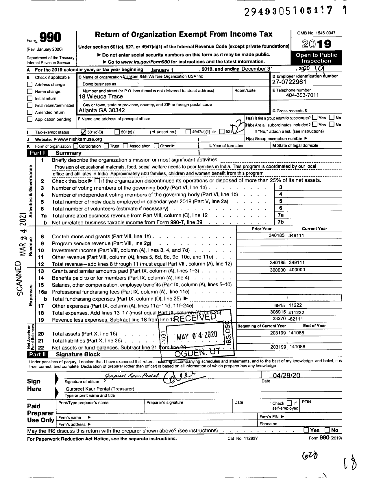 Image of first page of 2019 Form 990 for Nishkam Sikh Welfare Organization USA