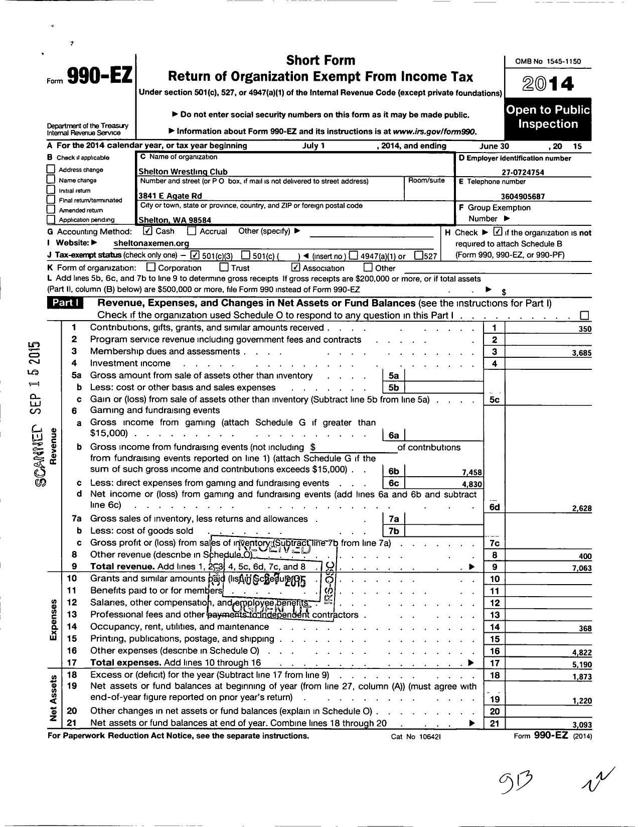 Image of first page of 2014 Form 990EZ for Shelton Wrestling Club