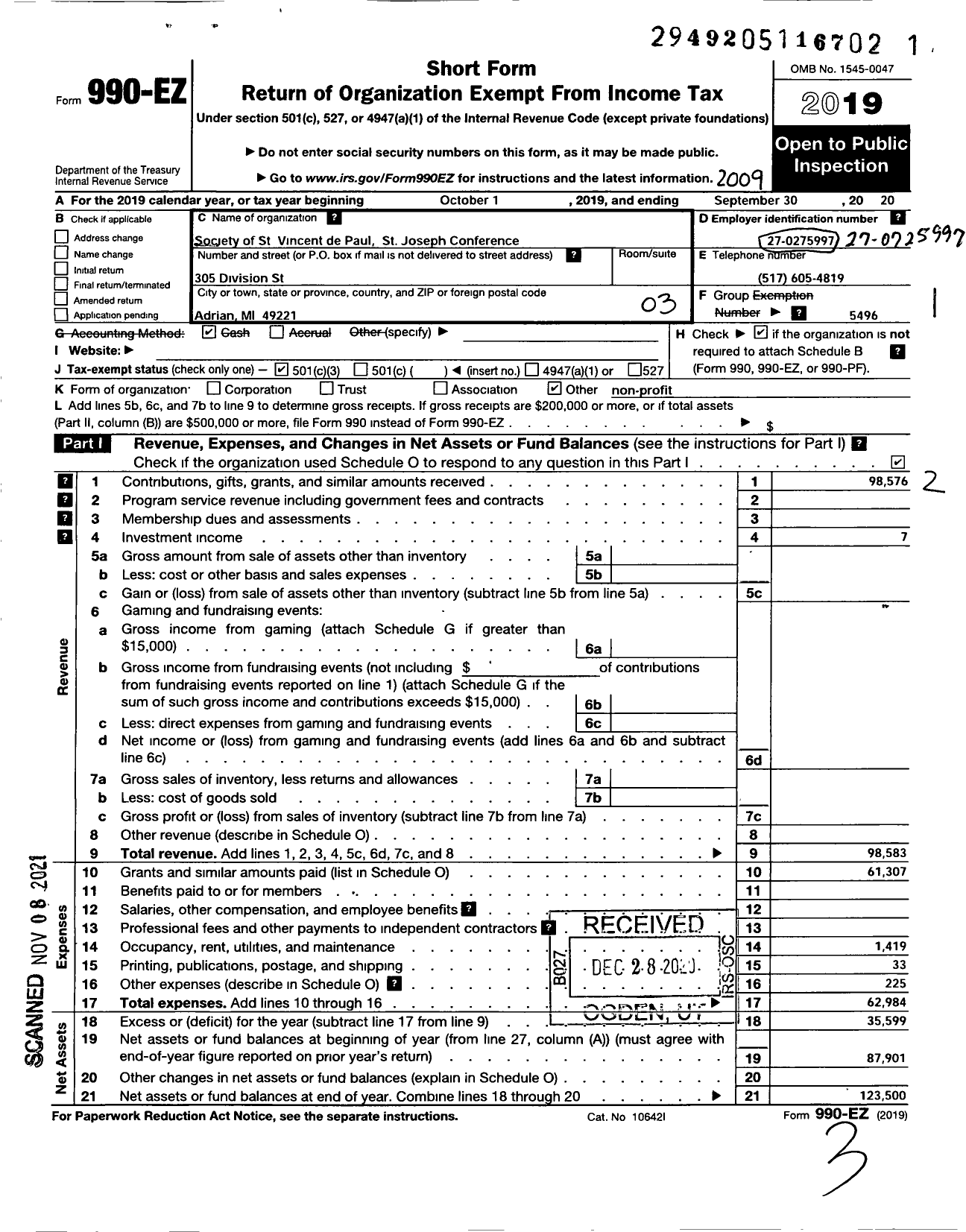 Image of first page of 2019 Form 990EZ for Society of St Vincent de Paul St Joseph Conference