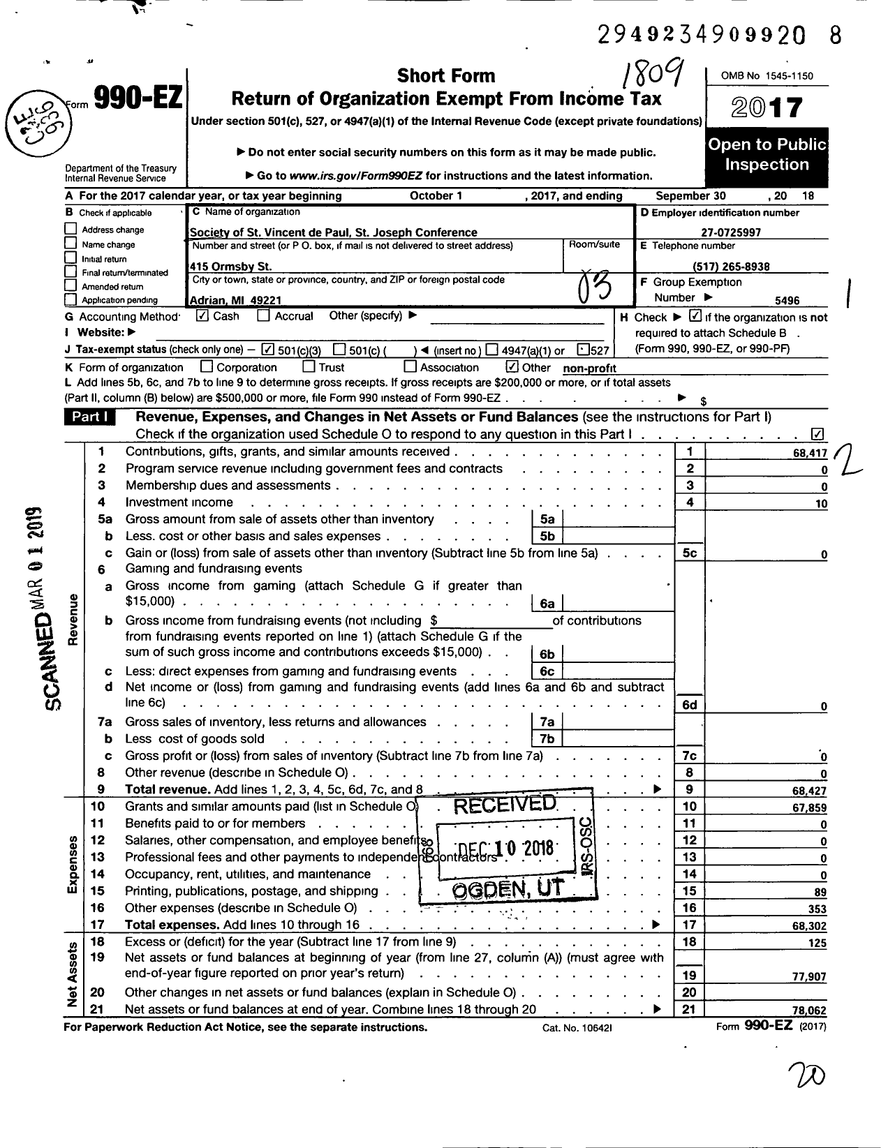 Image of first page of 2017 Form 990EZ for Society of St Vincent de Paul St Joseph Conference