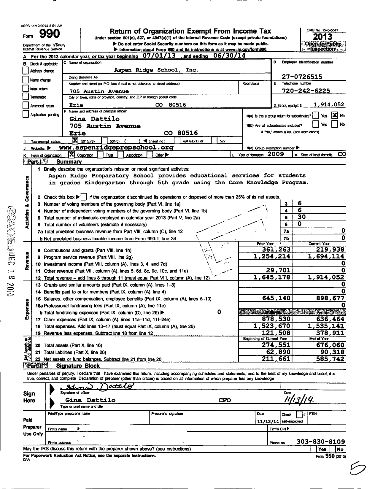 Image of first page of 2013 Form 990 for Aspen Ridge Preparatory School