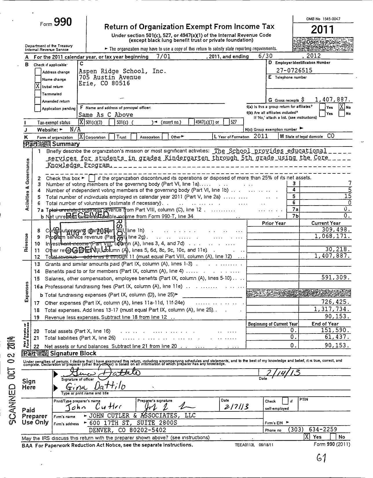 Image of first page of 2011 Form 990 for Aspen Ridge Preparatory School