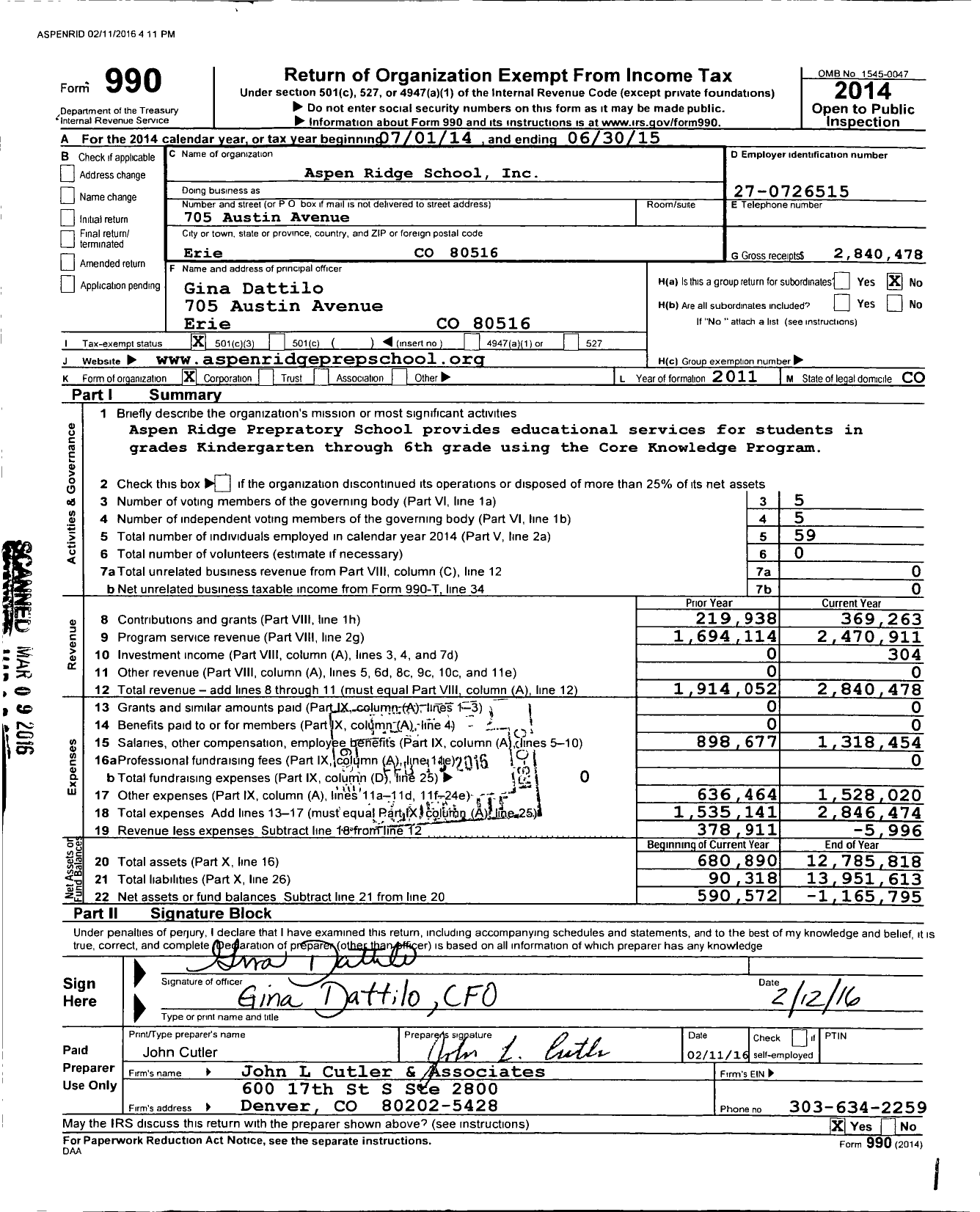 Image of first page of 2014 Form 990 for Aspen Ridge Preparatory School
