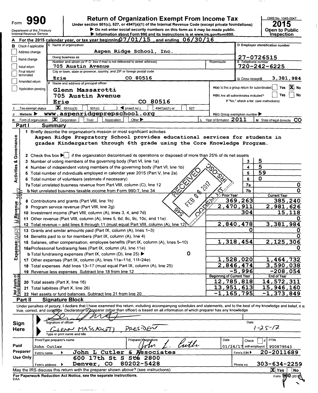 Image of first page of 2015 Form 990 for Aspen Ridge Preparatory School