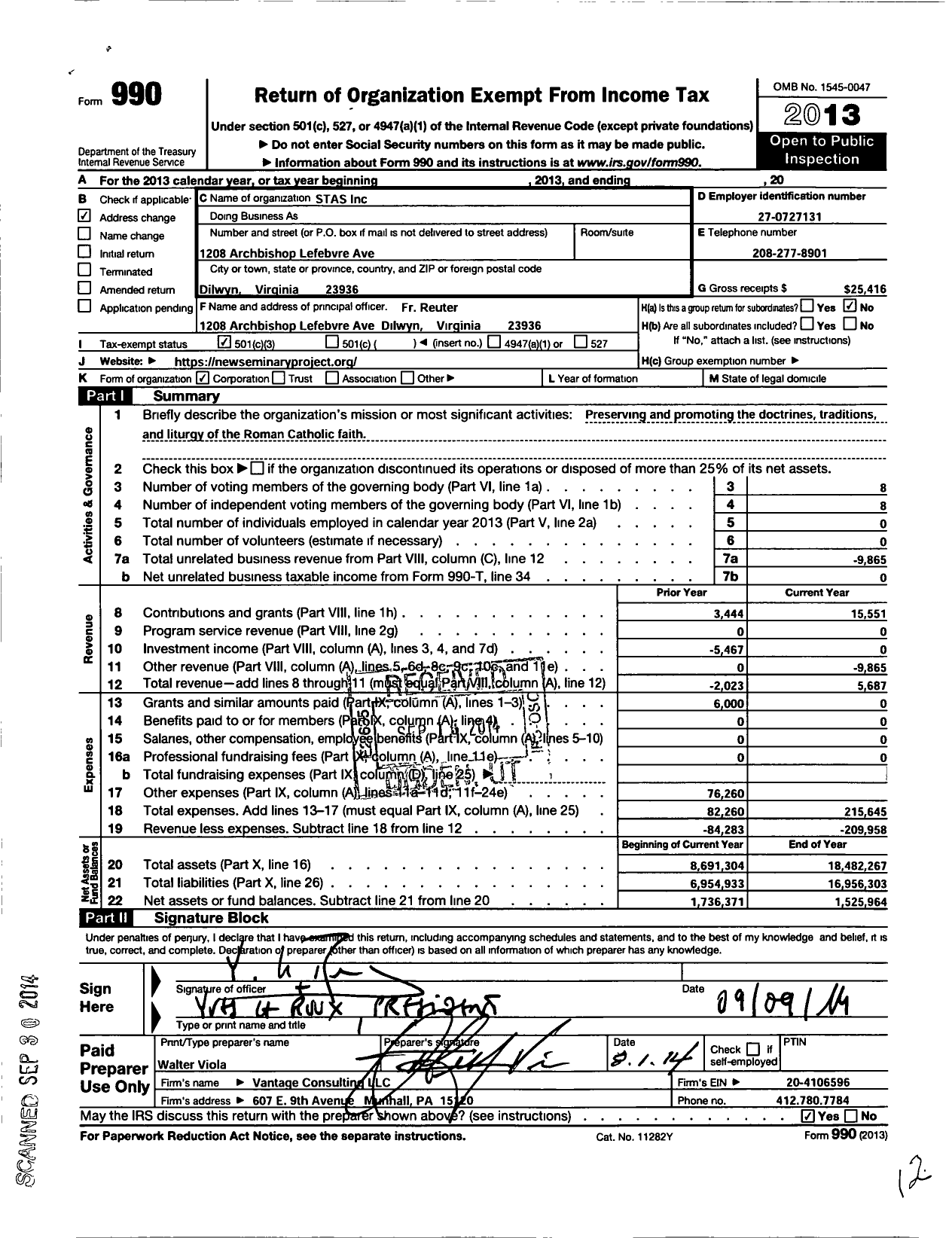 Image of first page of 2013 Form 990 for Stas