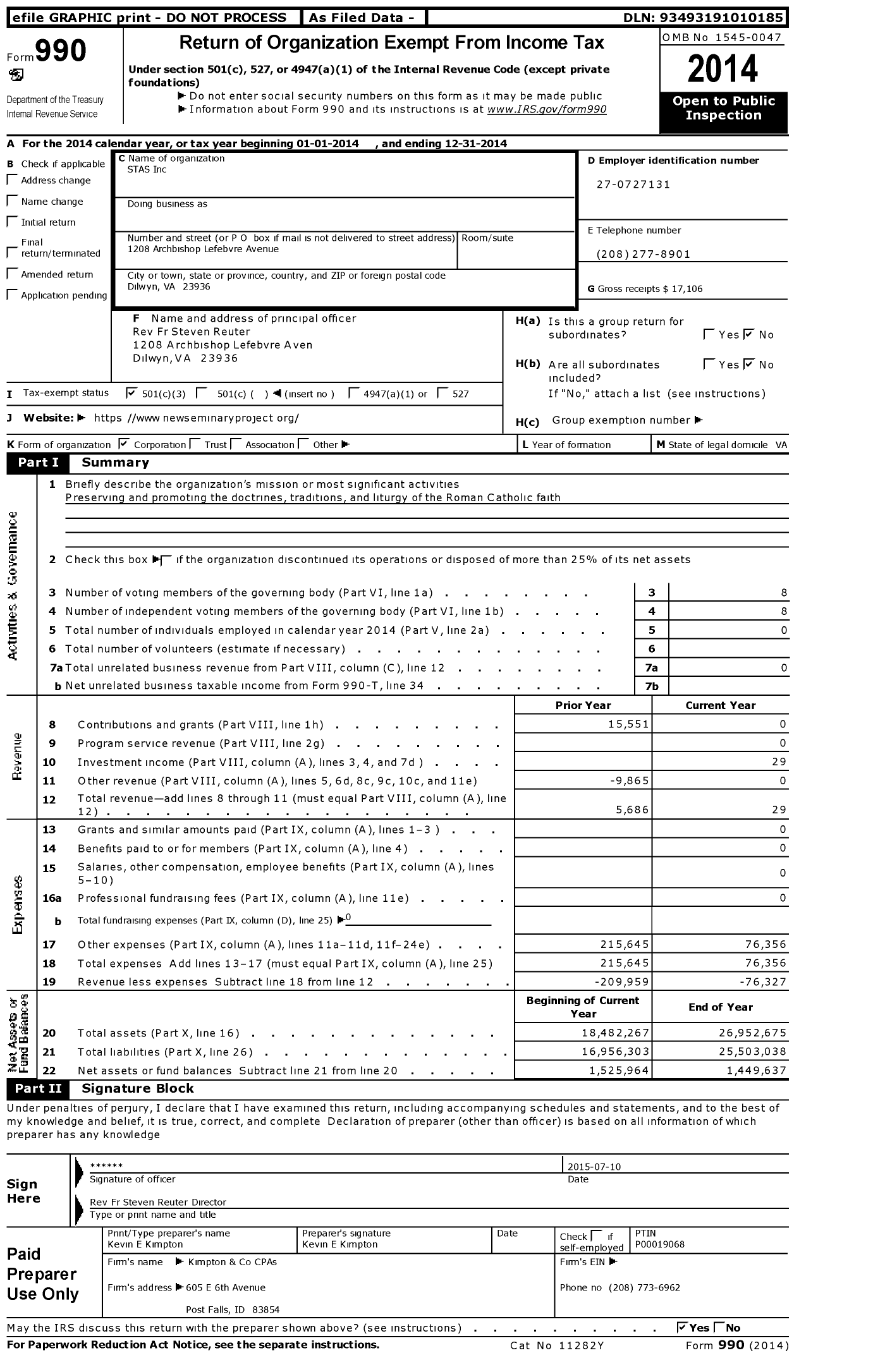 Image of first page of 2014 Form 990 for Stas