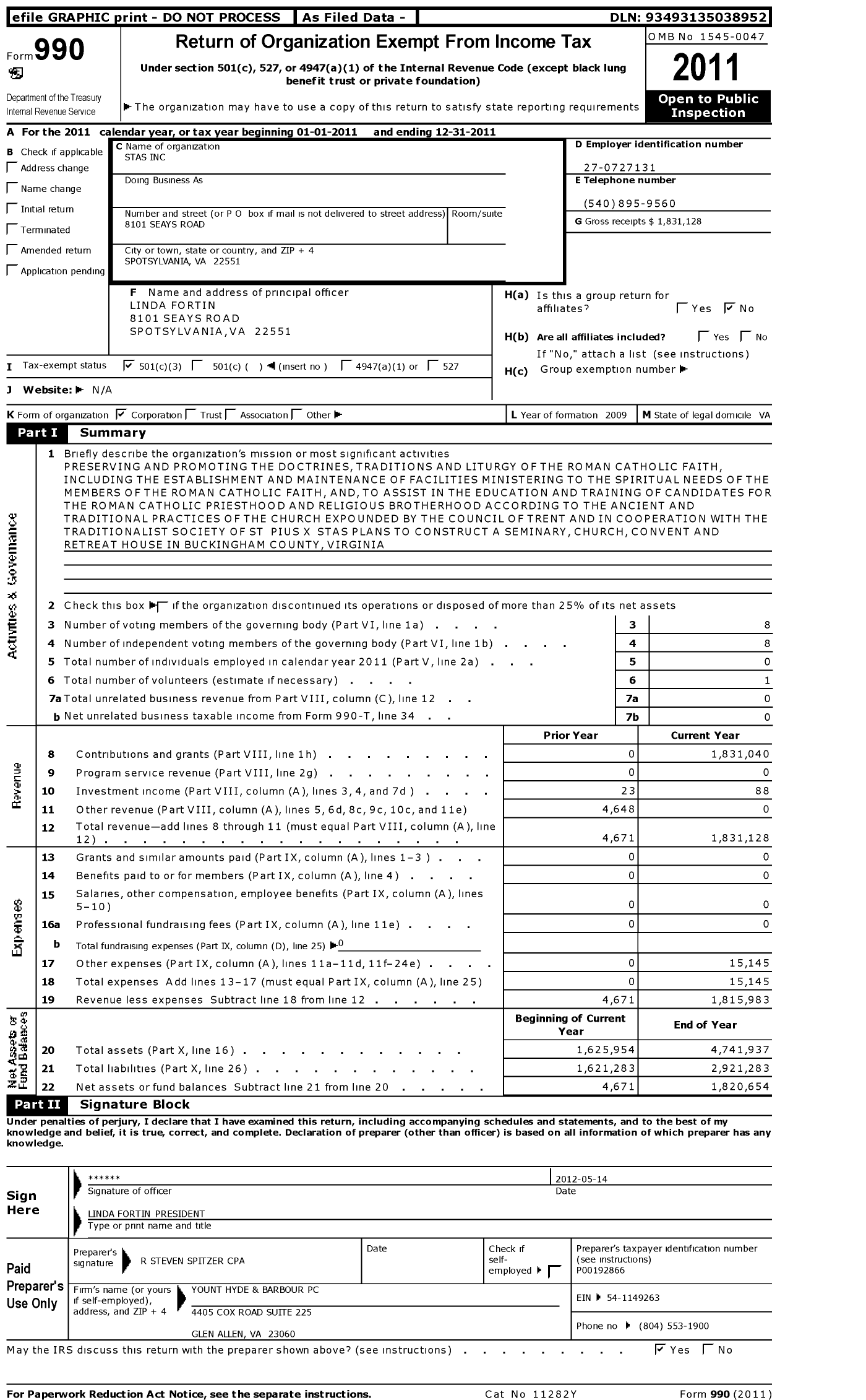 Image of first page of 2011 Form 990 for Stas