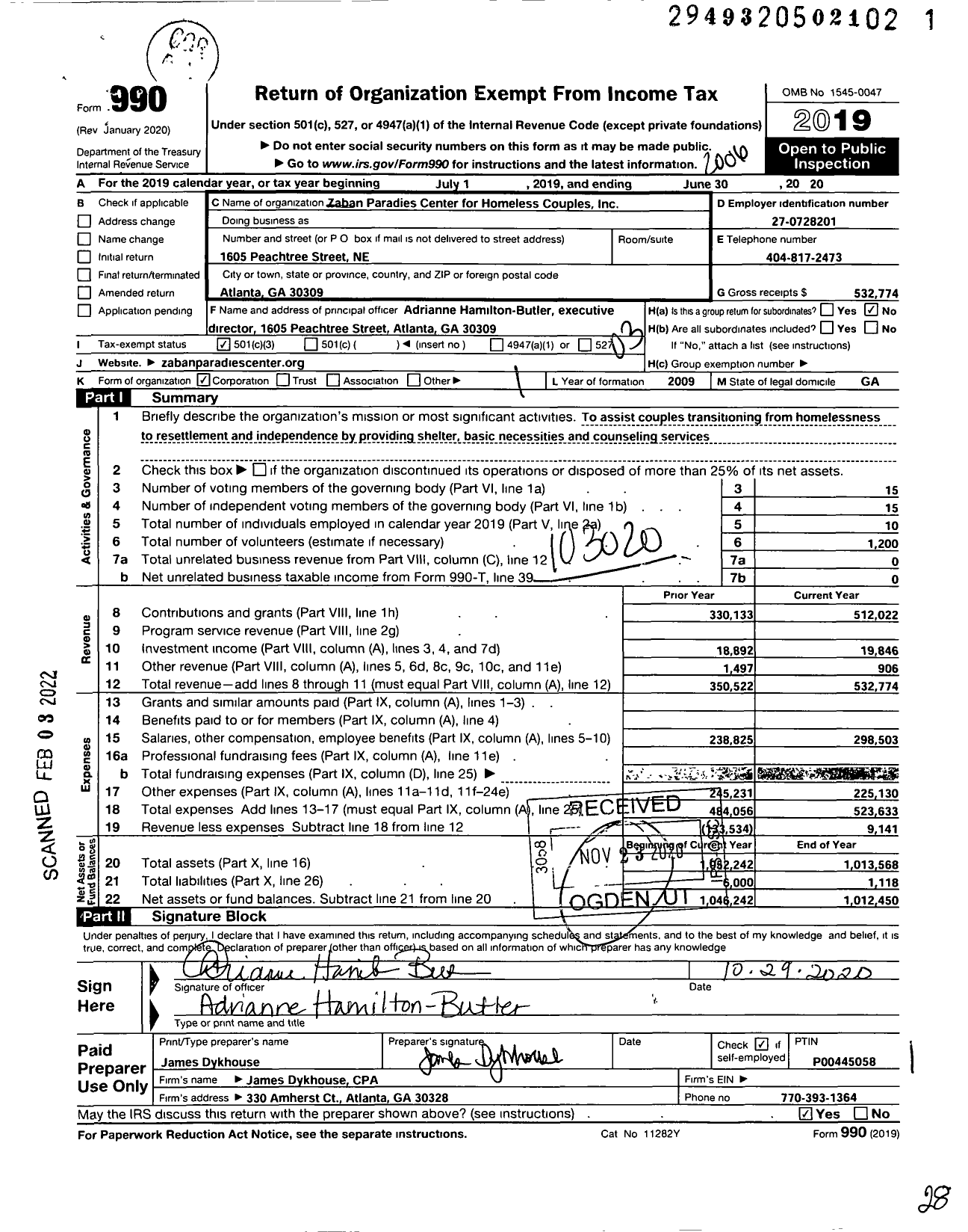 Image of first page of 2019 Form 990 for Zaban Paradies Center for Homeless Couples