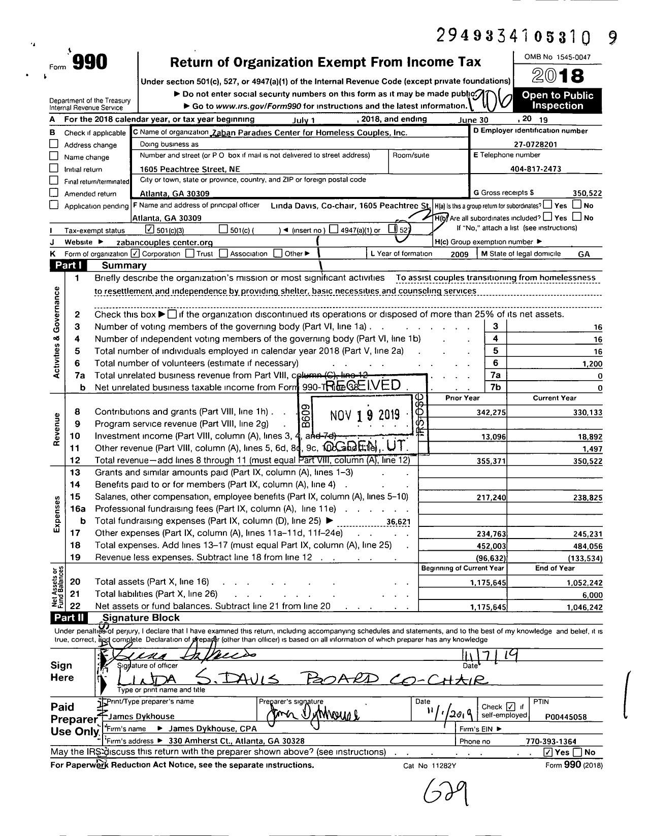 Image of first page of 2018 Form 990 for Zaban Paradies Center for Homeless Couples